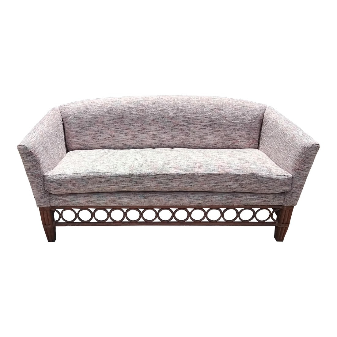 1980s Mid-Century Tropical McGuire Style Townhouse Sofa: Absolutely love a bench seat sofa. It has connecting hooks on each side, holds the seat in place. I was unable to take a picture of them. It is a McQuire of San Francisco, there's a label, but after