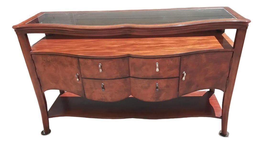 Transitional Style Buffet: So much storage, open and closed storage. The glass top shows off your pretty china on the wooded shelf. There are 2 felt bottom drawers for silver or linens. Two side doors with shelves, for more
