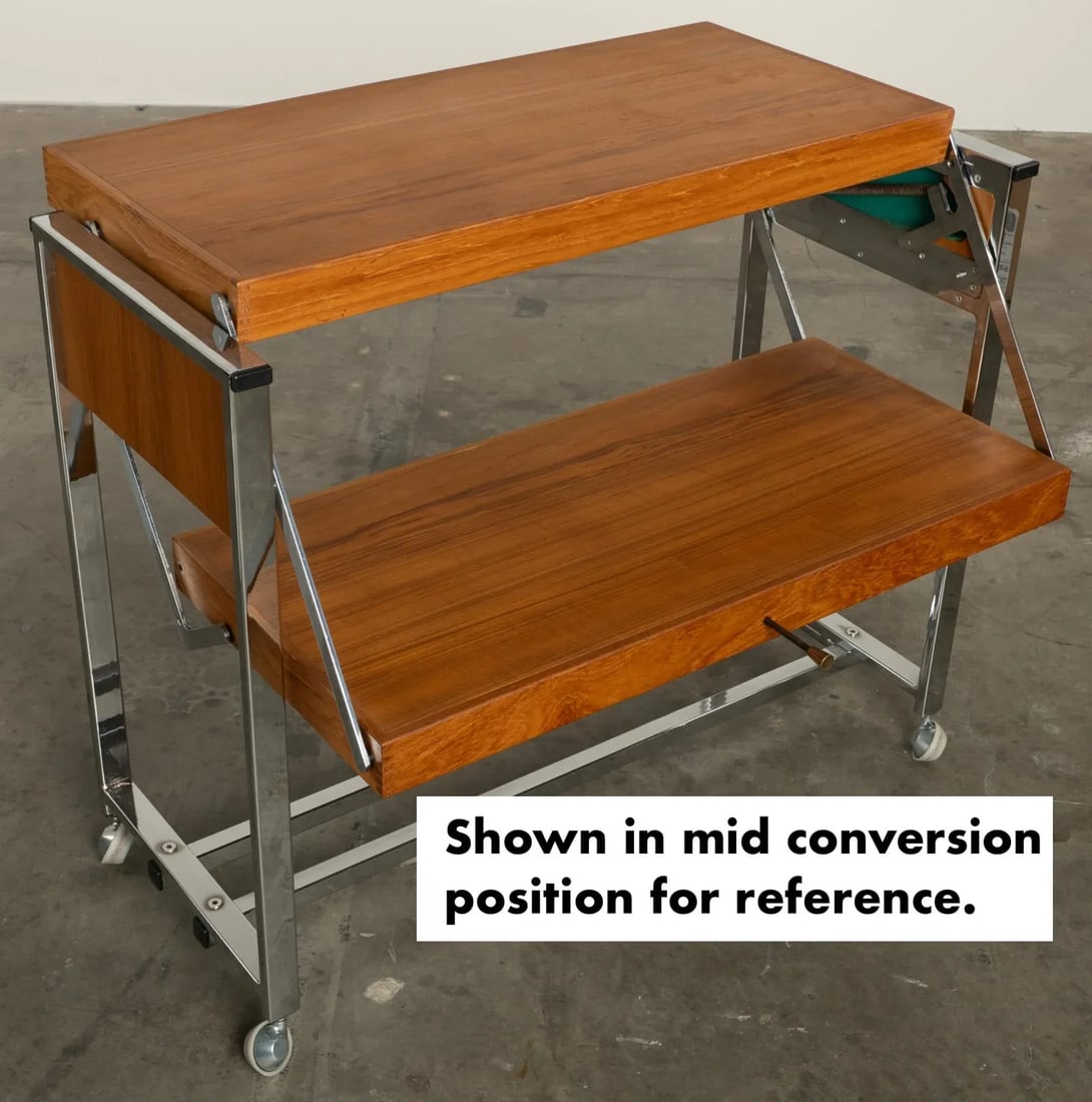 1960s Teak and Chrome Serving Bar Cart Multipurpose Convertible Breakfast Table, Desk, Work Surface - 11