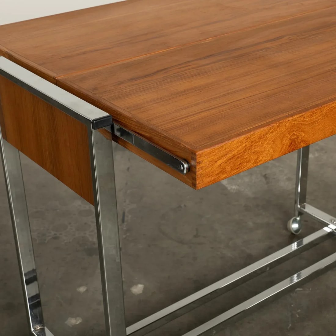 1960s Teak and Chrome Serving Bar Cart Multipurpose Convertible Breakfast Table, Desk, Work Surface - 14