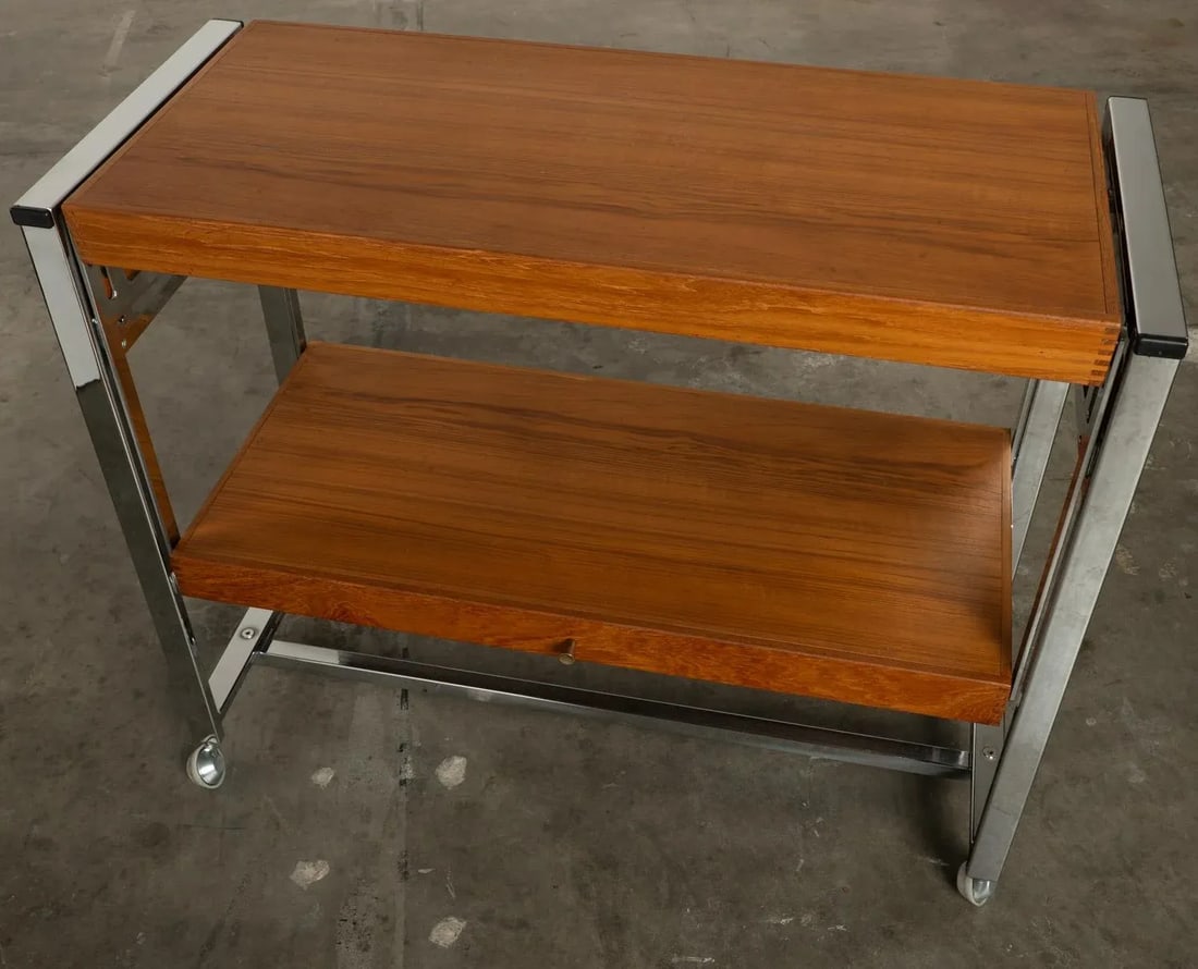1960s Teak and Chrome Serving Bar Cart Multipurpose Convertible Breakfast Table, Desk, Work Surface - 9