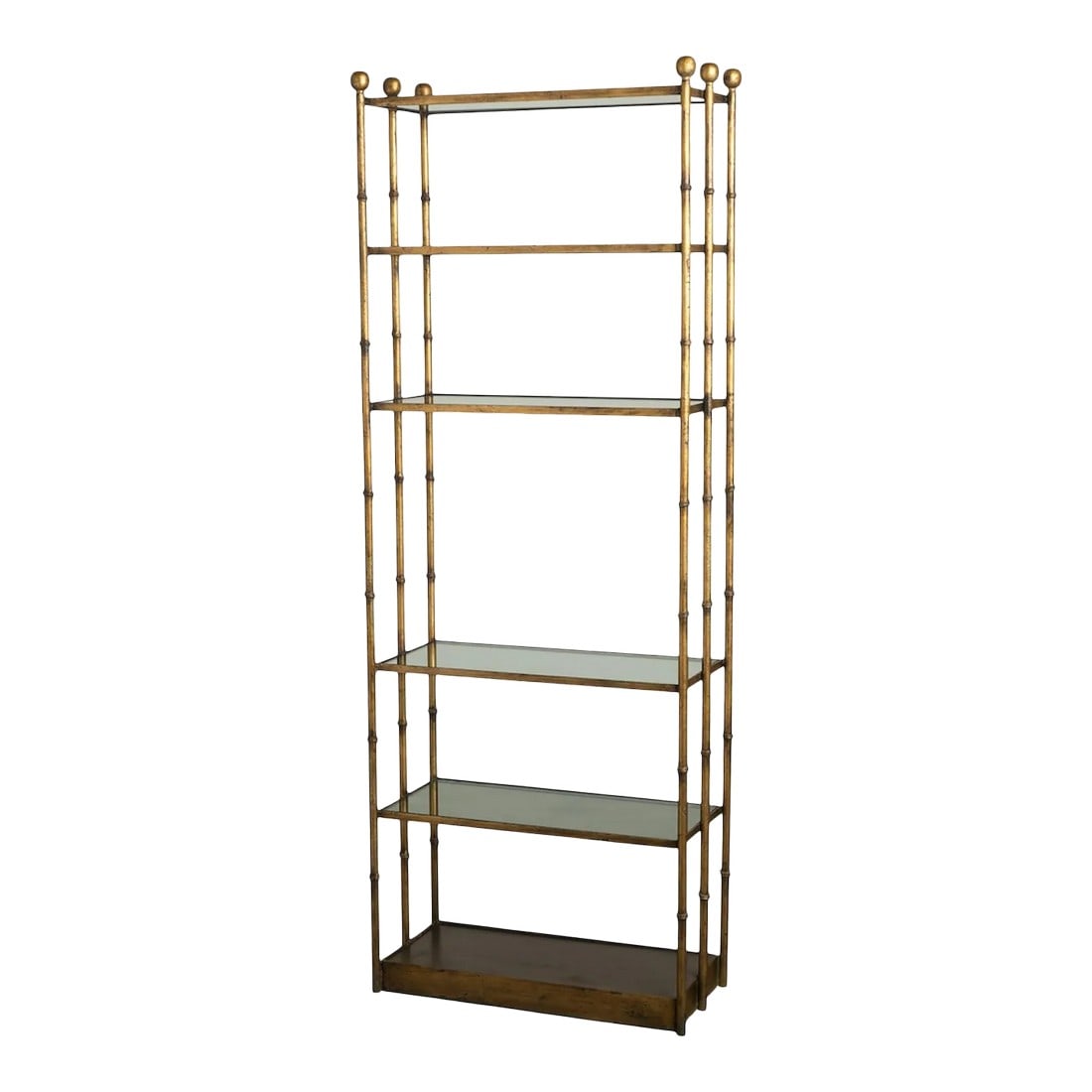 1950s Gilt Iron & Glass Faux Bamboo Freestanding Étagère Bookcase Shelf Hollywood Regency: 1950s Gilt Iron Étagere with Glass shelves. Features: "”Overall distressed/aged look with a beautiful patina. "”Heavy, sturdy welded iron, with 1/2" thick, heavy plate clear glass