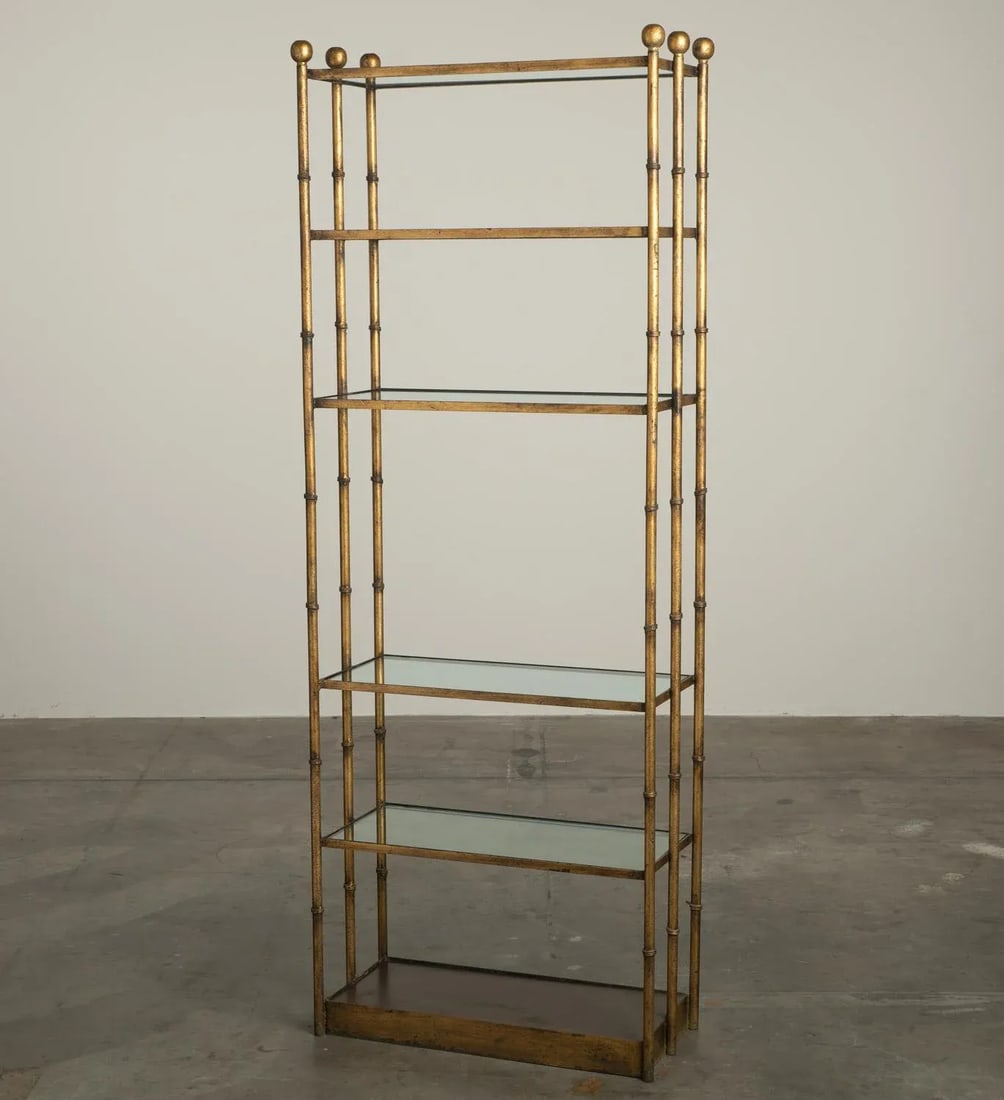 1950s Gilt Iron & Glass Faux Bamboo Freestanding Étagère Bookcase Shelf Hollywood Regency - 2