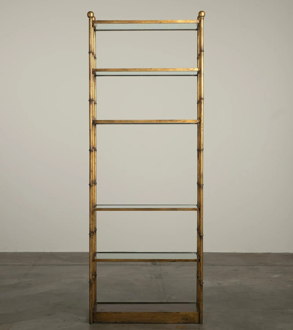 1950s Gilt Iron & Glass Faux Bamboo Freestanding Étagère Bookcase Shelf Hollywood Regency - 3