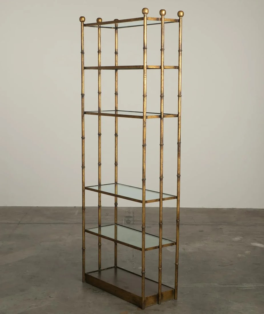 1950s Gilt Iron & Glass Faux Bamboo Freestanding Étagère Bookcase Shelf Hollywood Regency - 4