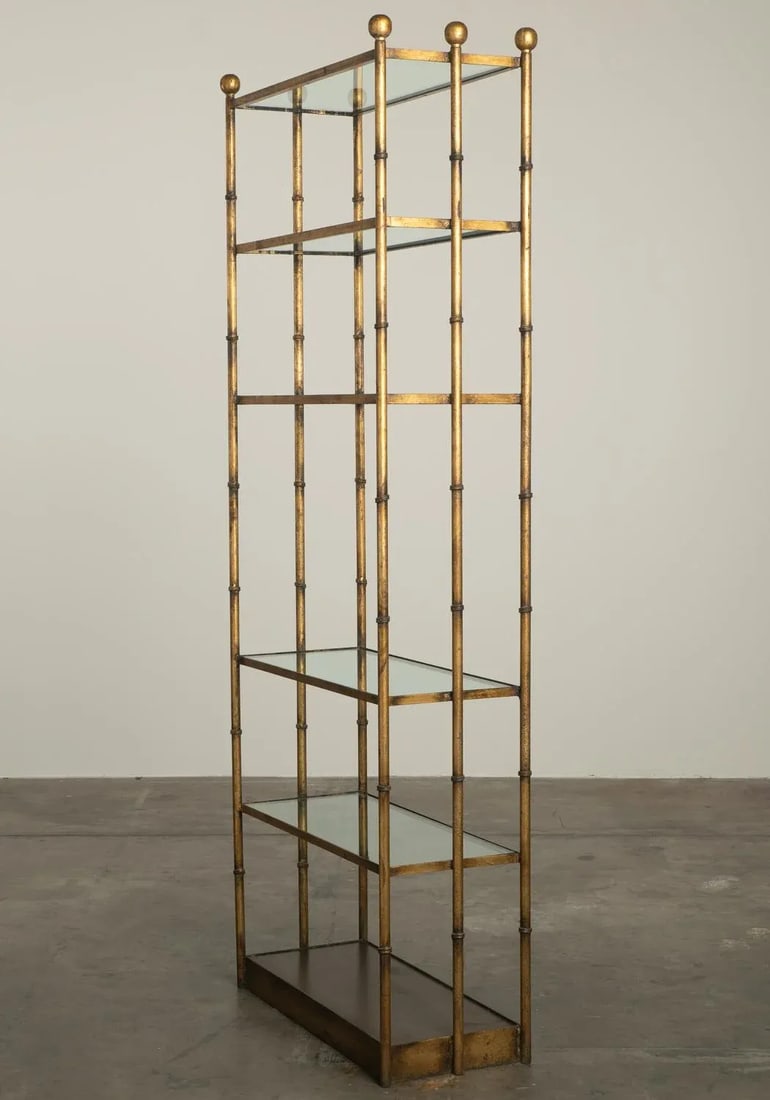 1950s Gilt Iron & Glass Faux Bamboo Freestanding Étagère Bookcase Shelf Hollywood Regency - 5