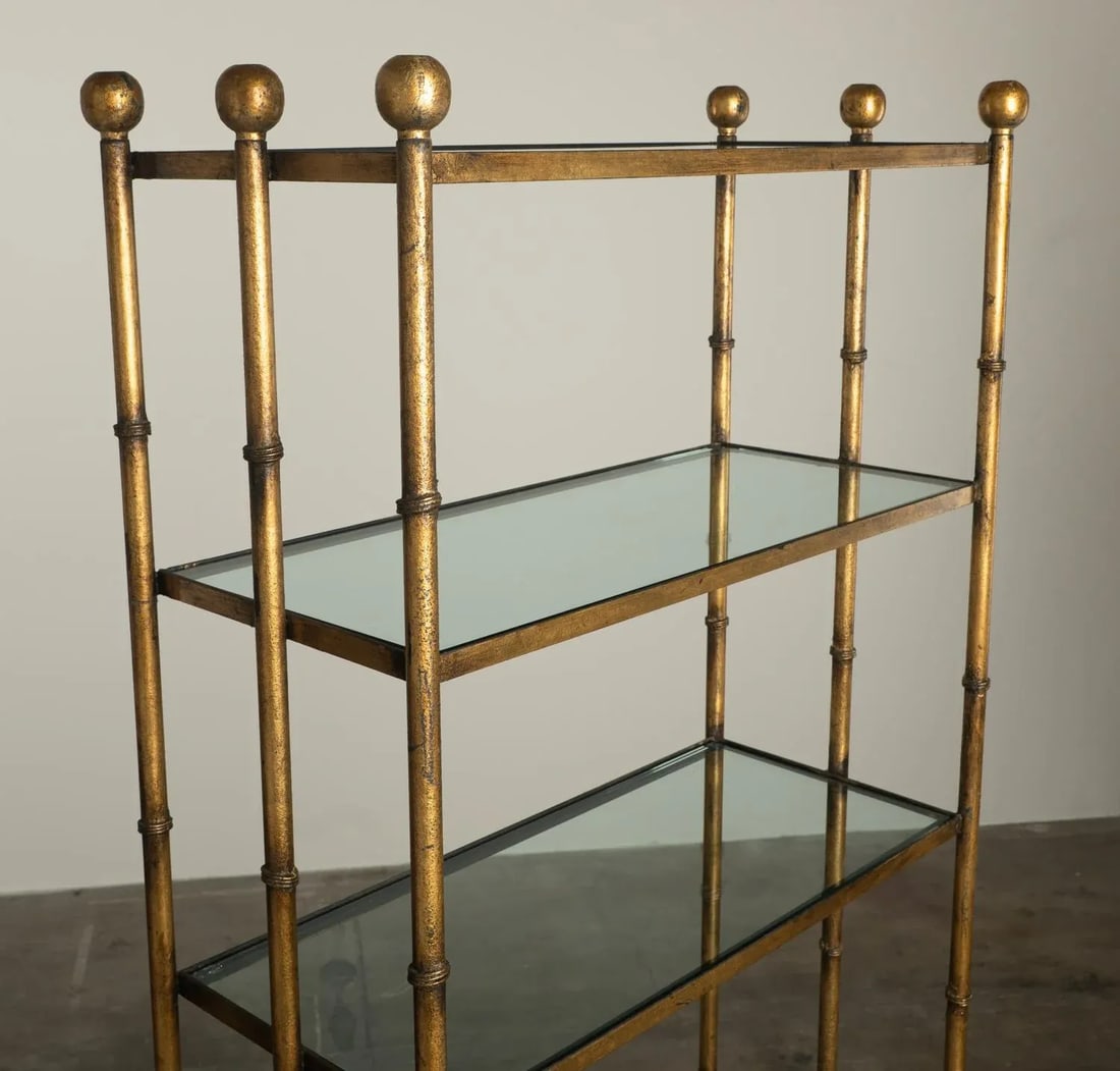 1950s Gilt Iron & Glass Faux Bamboo Freestanding Étagère Bookcase Shelf Hollywood Regency - 7