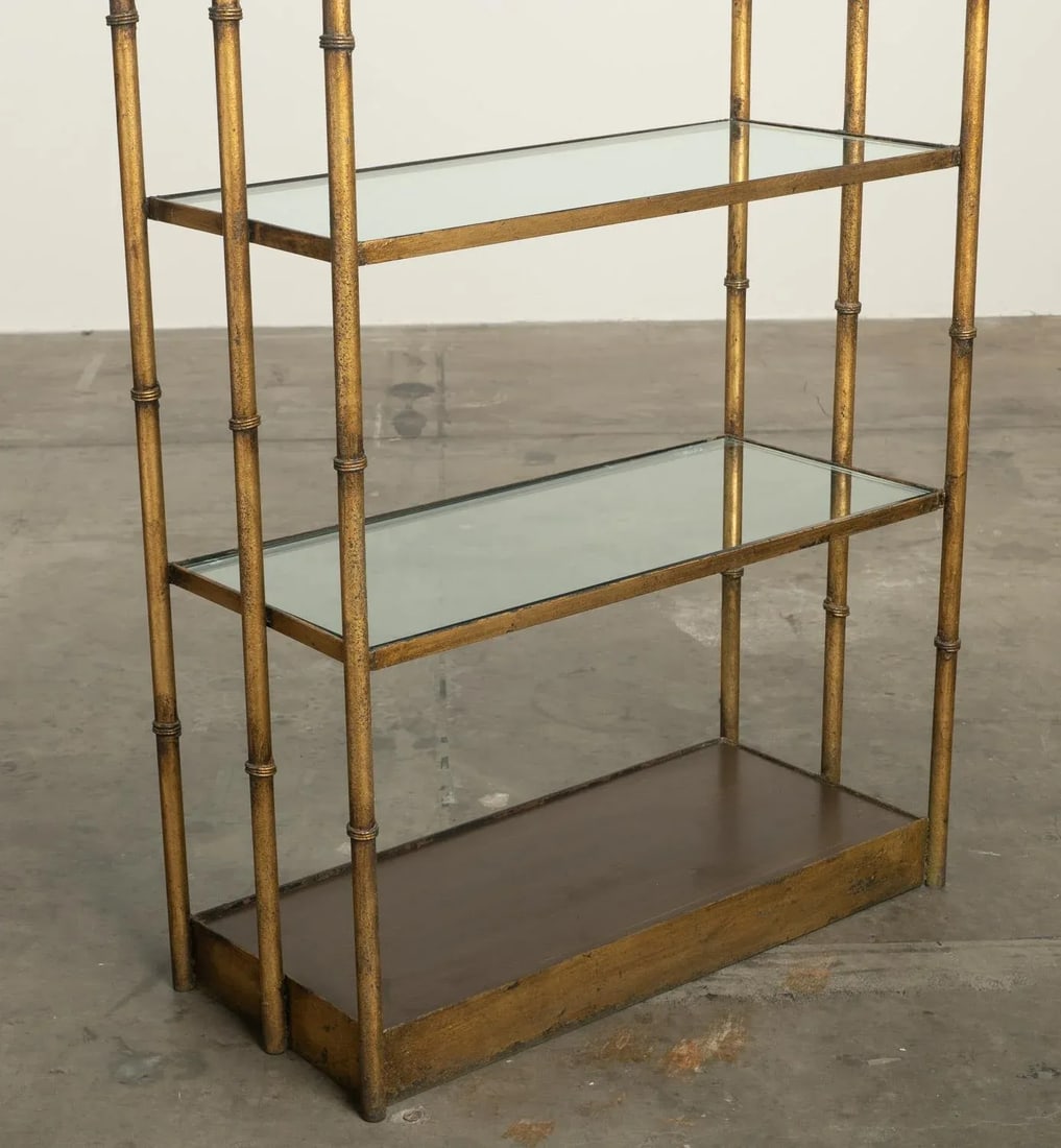 1950s Gilt Iron & Glass Faux Bamboo Freestanding Étagère Bookcase Shelf Hollywood Regency - 8
