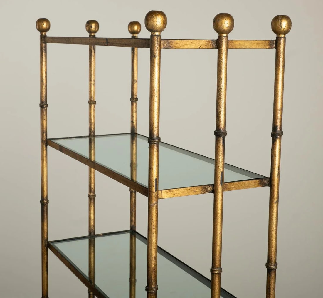 1950s Gilt Iron & Glass Faux Bamboo Freestanding Étagère Bookcase Shelf Hollywood Regency - 9