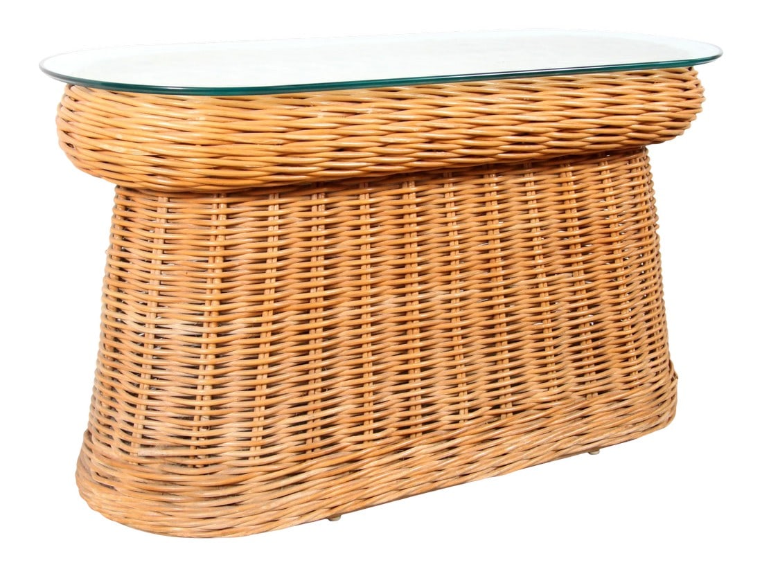 Vintage Hollywood Regency Pencil Reed Console Table: Fabulous vintage Mid Century Modern / Hollywood Regency / BoHo Chic pencil reed console table with an oval beveled glass top! It['s a stunning piece of furniture, with really nice thick woven rattan,