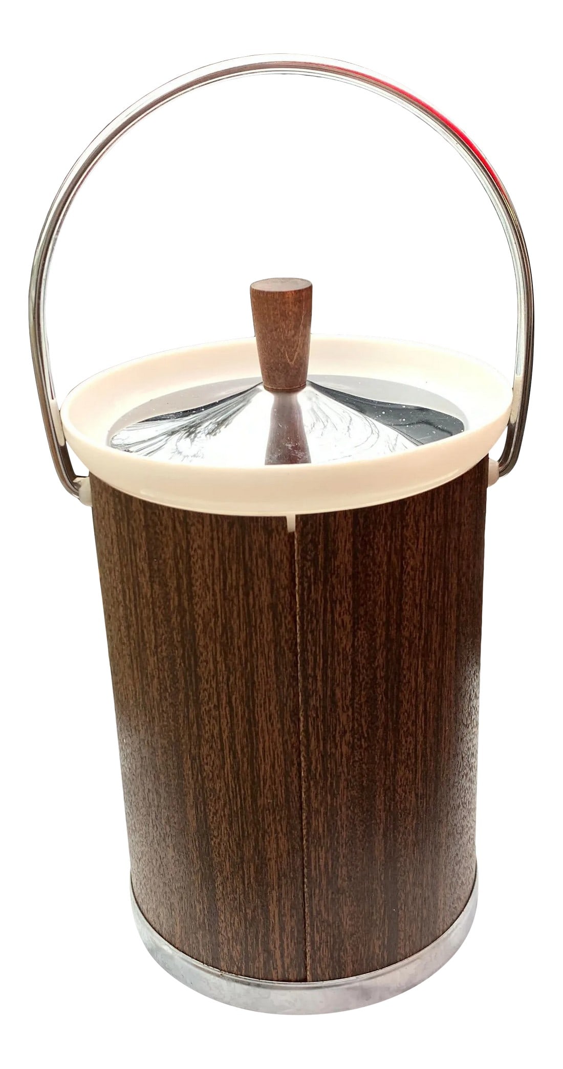 Mid-Century Kromex Faux Wood Ice Bucket With Lid- Two Pieces: Faux wood and chrome Kromex ice bucket in good shape. Would be the perfect addition to your modern bar cart / home. Condition: Alterations: Original Condition Unaltered Imperfections: Some