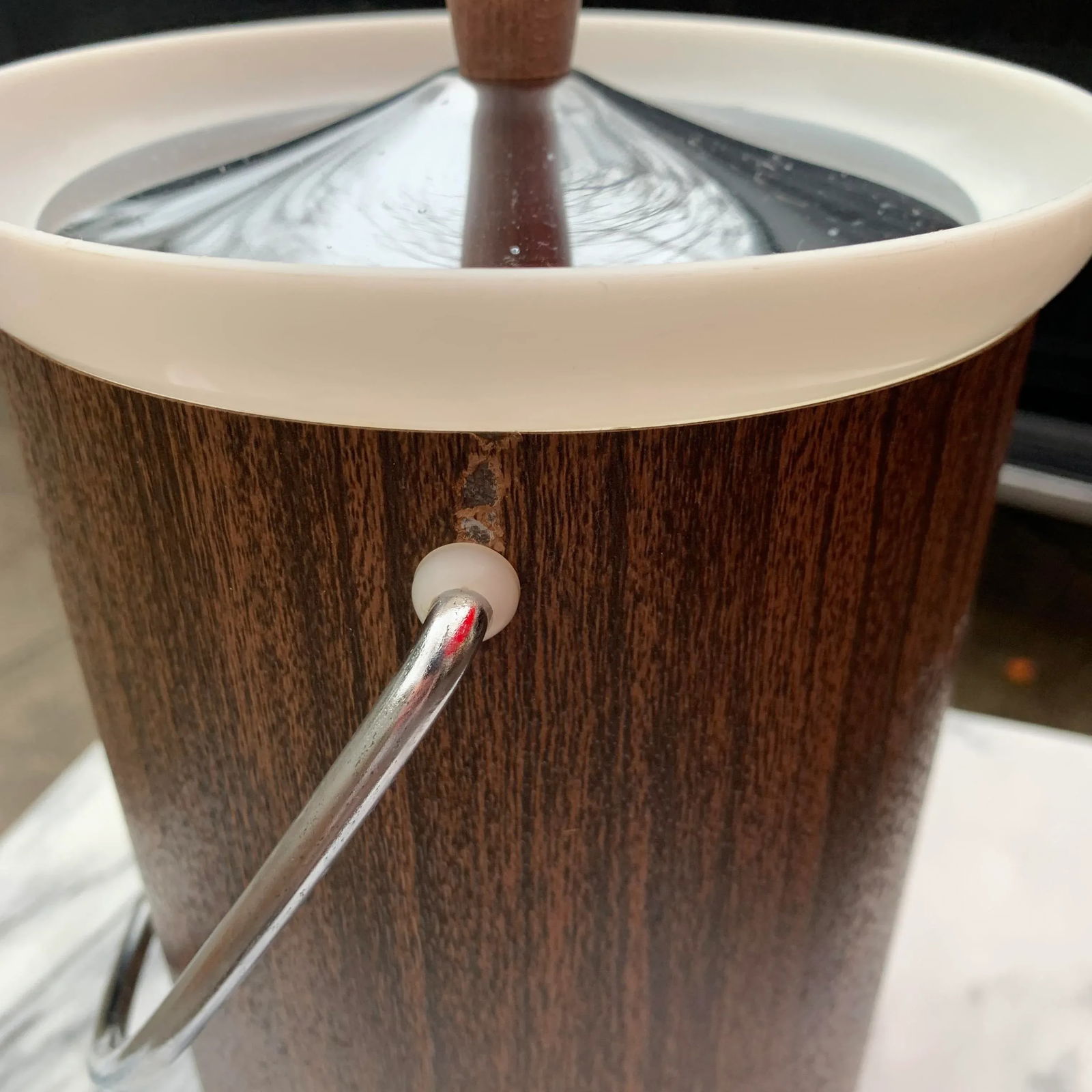 Mid-Century Kromex Faux Wood Ice Bucket With Lid- Two Pieces - 3