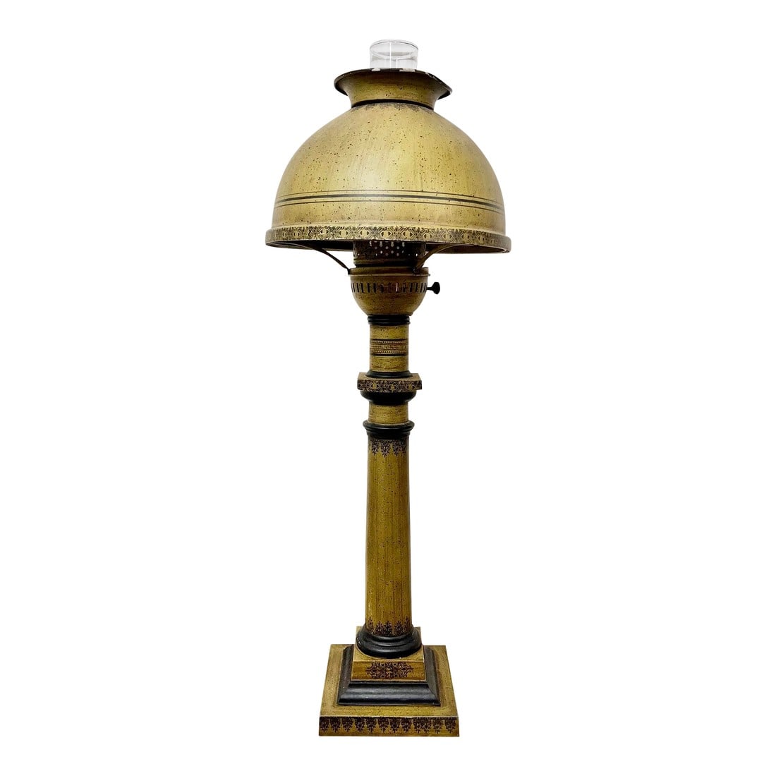 Vintage Tole Hurricane MCM Table Lamp: This vintage green toleware lamp is a striking example of blending decorative metalwork with a classic antique charm indictive of the English Regency era. The lamp features a rounded, dome-shaped shad