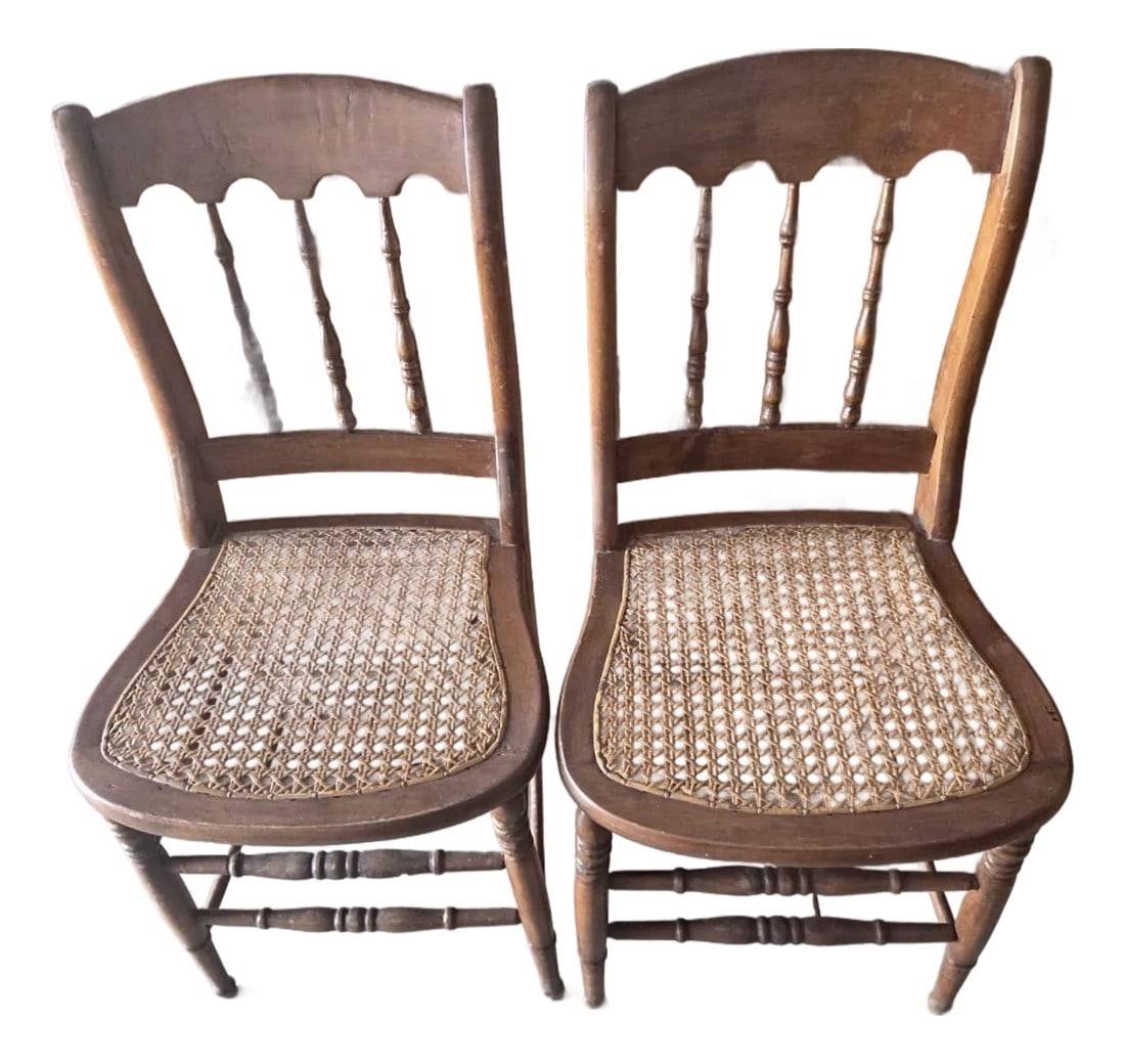 Antique Early American Oak Cane Seat Dining Chairs, Set of Two (1 of 3)