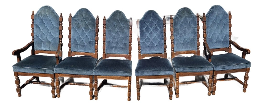 Late 19th Century Edwardian Walnut Upholstered Blue Button-Back Dining Chairs, Set of 6: Bring timeless elegance to your dining space with this set of Edwardian walnut dining chairs, beautifully upholstered in a refined blue fabric. The button-back design adds a touch of classic