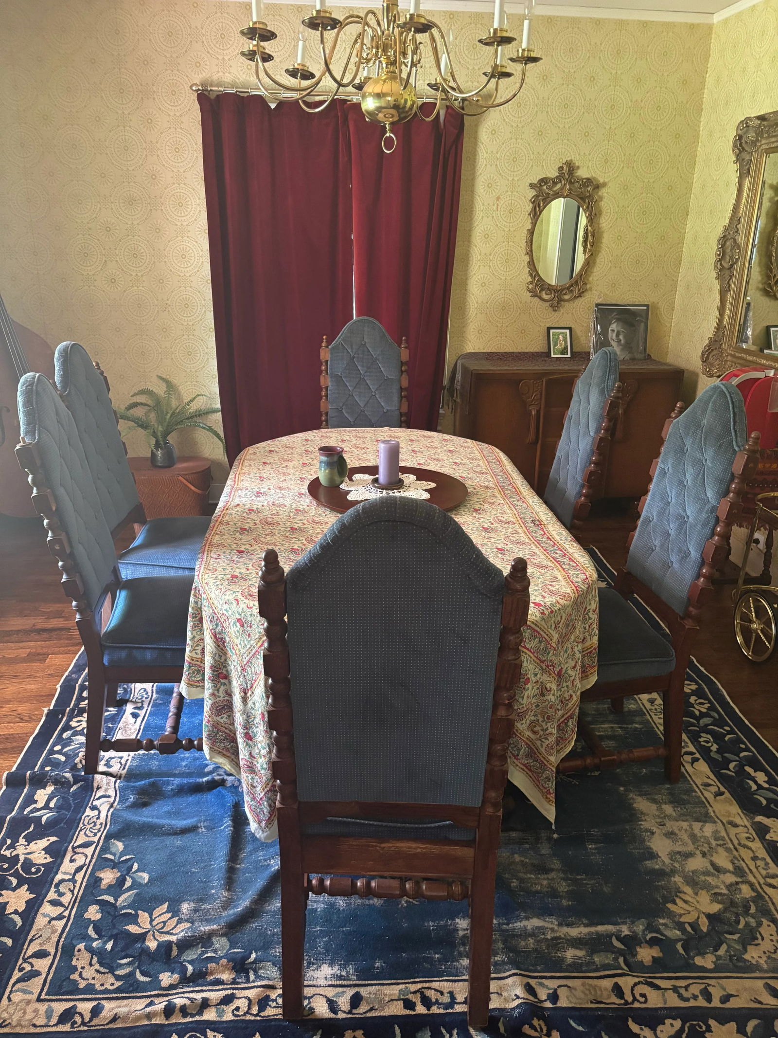 Late 19th Century Edwardian Walnut Upholstered Blue Button-Back Dining Chairs, Set of 6 - 2