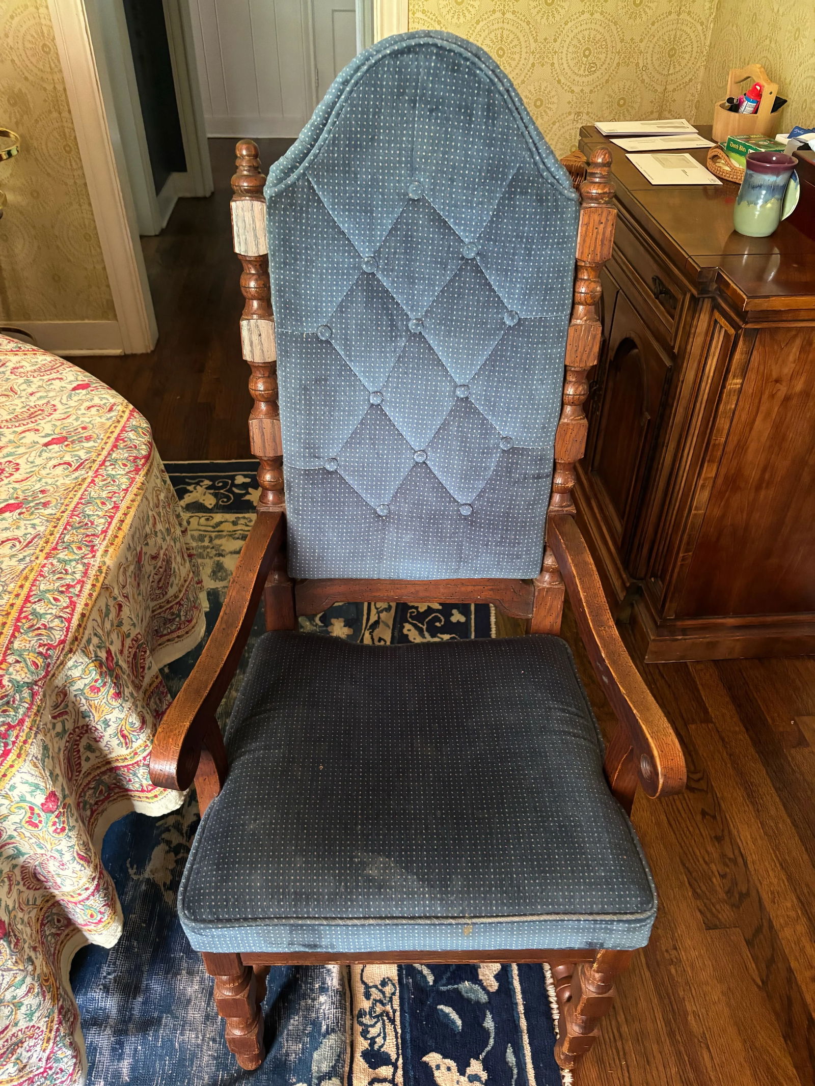 Late 19th Century Edwardian Walnut Upholstered Blue Button-Back Dining Chairs, Set of 6 - 3