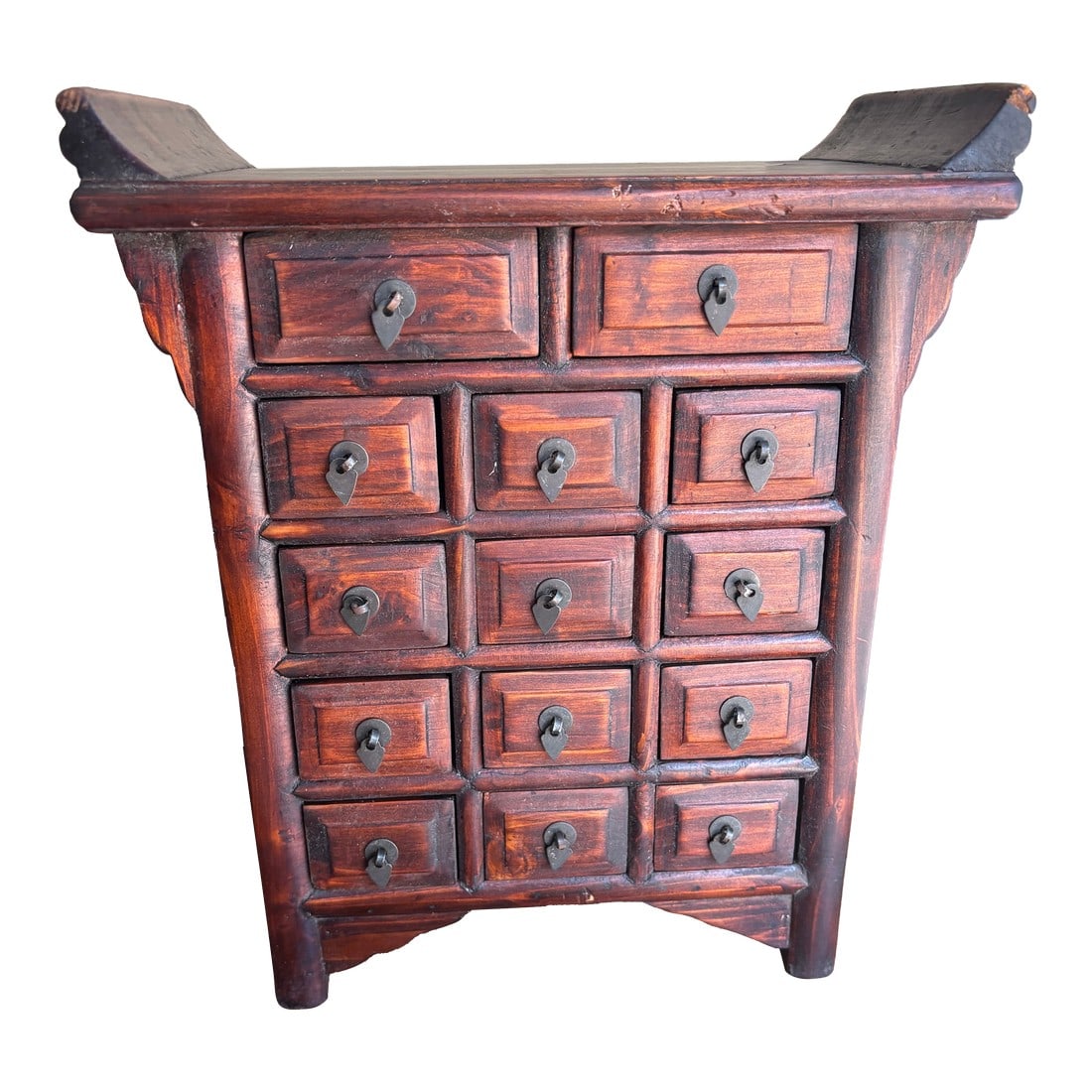 Vintage Chinese Medicine Cabinet With 14 Drawers, Apothecary Cabinet, 1950s: This Vintage Chinese Medicine Cabinet features 14 small drawers, each once used to store herbs and remedies in traditional apothecaries. With its rich patina and intricate craftsmanship, it brings