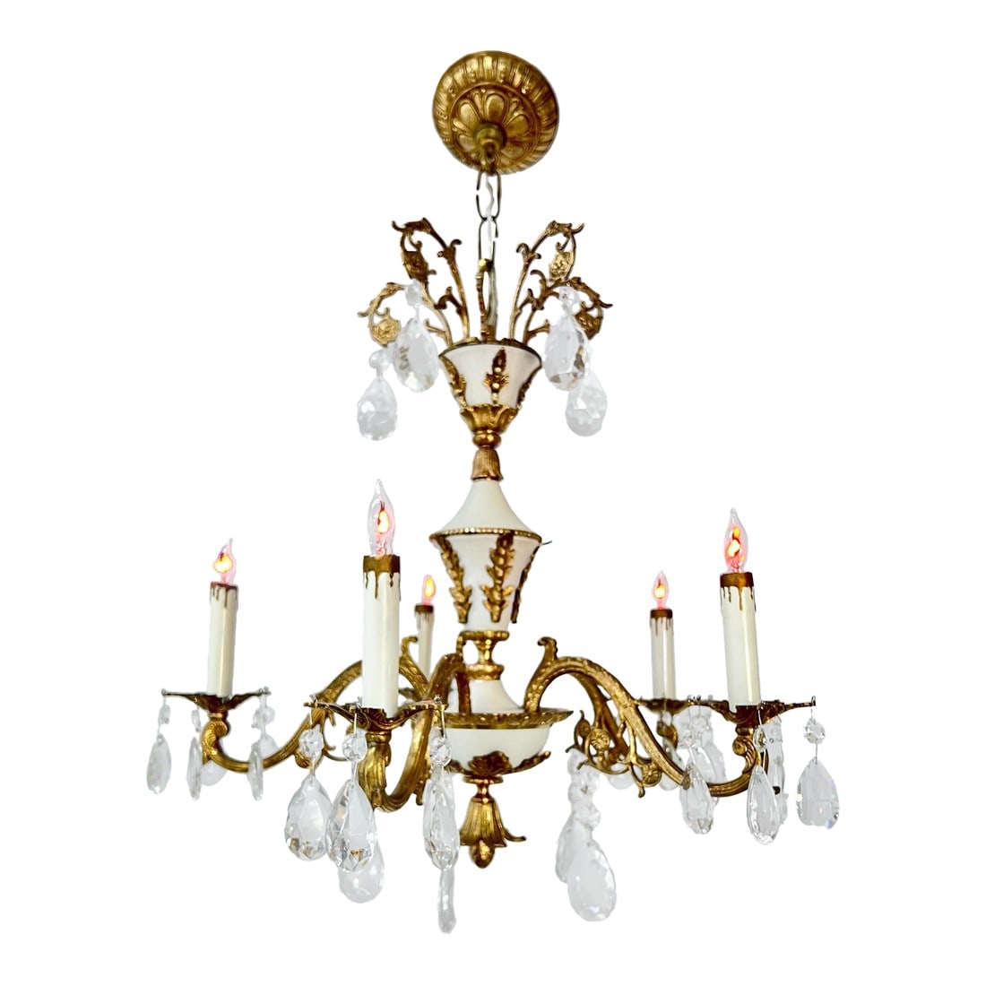 Mid 20th Century Rare Vintage Spanish MCM Brass & Crystal 5-Arm Chandelier: Elevate your space with this exquisite vintage chandelier, a true gem from Spain's Mid-Century Modern era. Featuring five elegantly curved arms adorned with intricate gold-toned brass detailing, this
