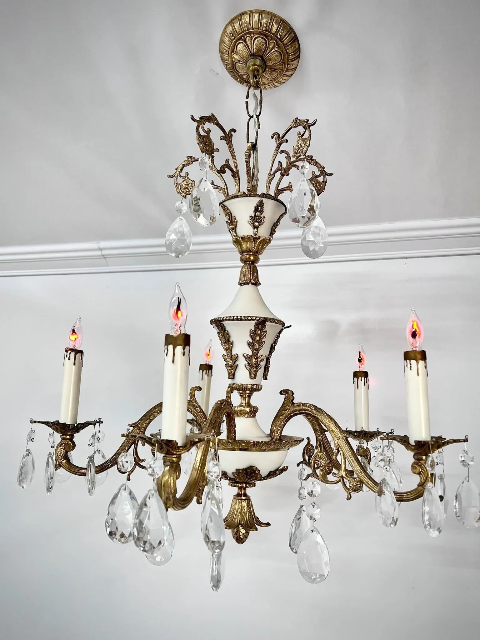 Mid 20th Century Rare Vintage Spanish MCM Brass & Crystal 5-Arm Chandelier - 2