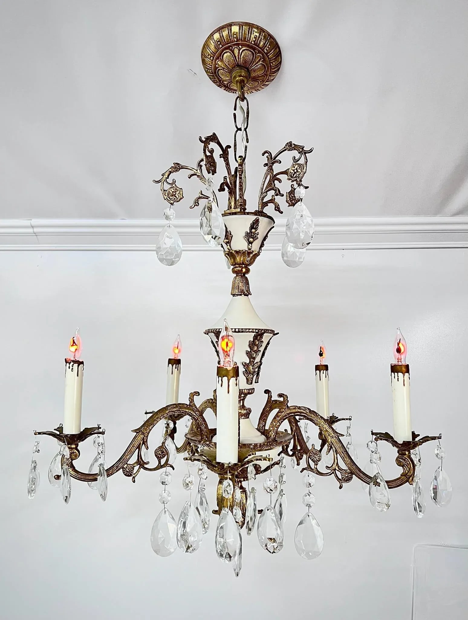 Mid 20th Century Rare Vintage Spanish MCM Brass & Crystal 5-Arm Chandelier - 4