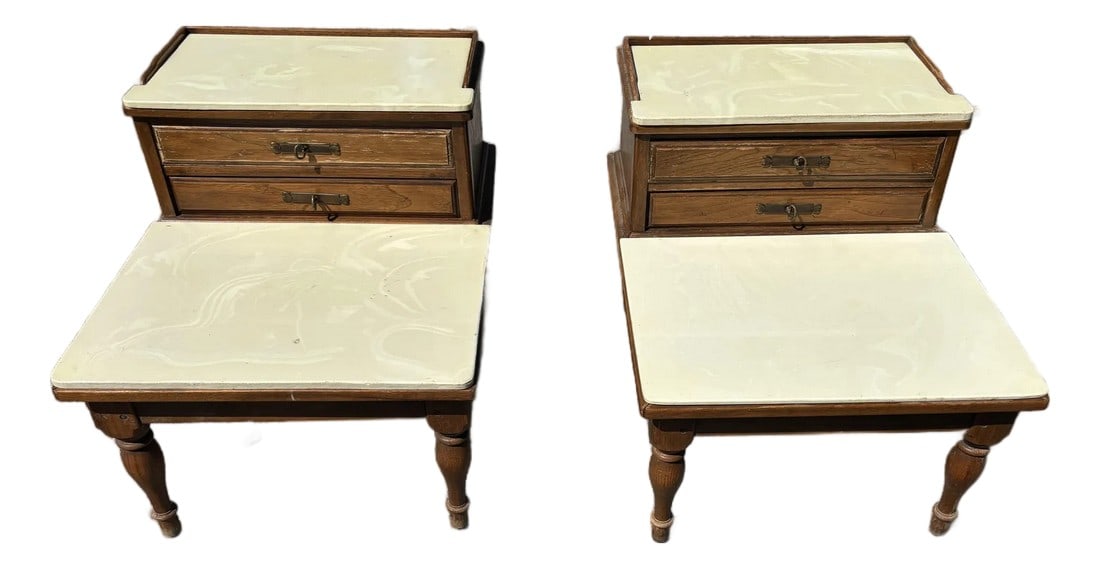 Midcentury Marble Top Step-Back End Tables, Set of Two (1 of 10)