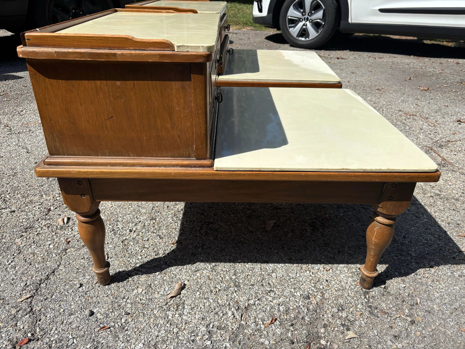 Midcentury Marble Top Step-Back End Tables, Set of Two - 2