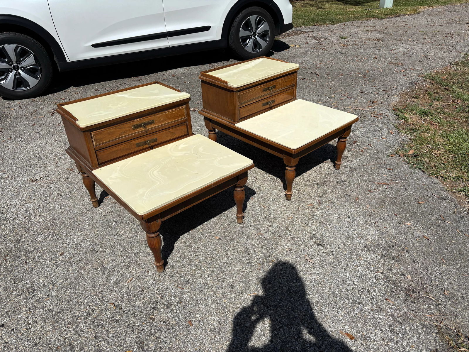 Midcentury Marble Top Step-Back End Tables, Set of Two - 3