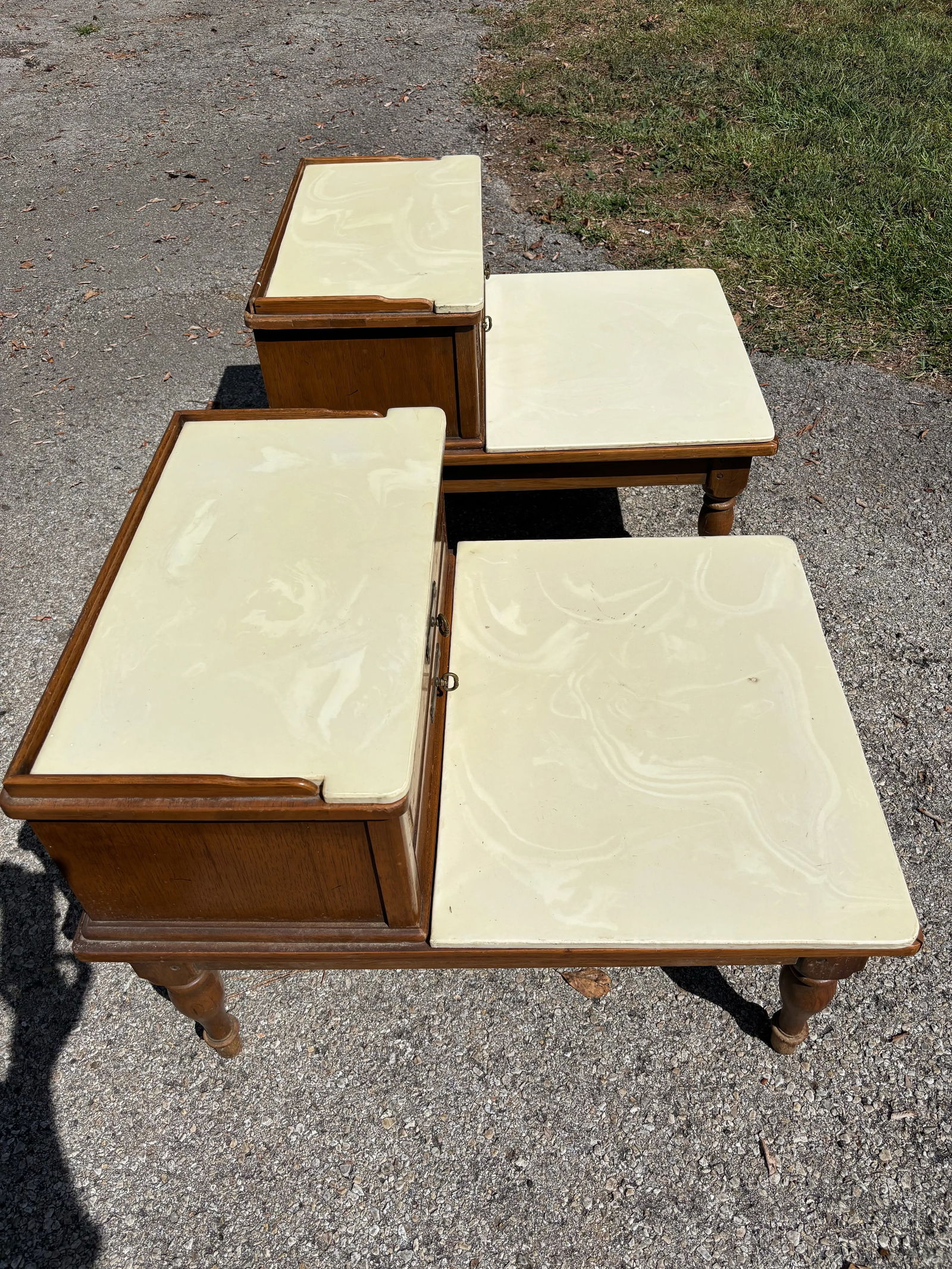 Midcentury Marble Top Step-Back End Tables, Set of Two - 4