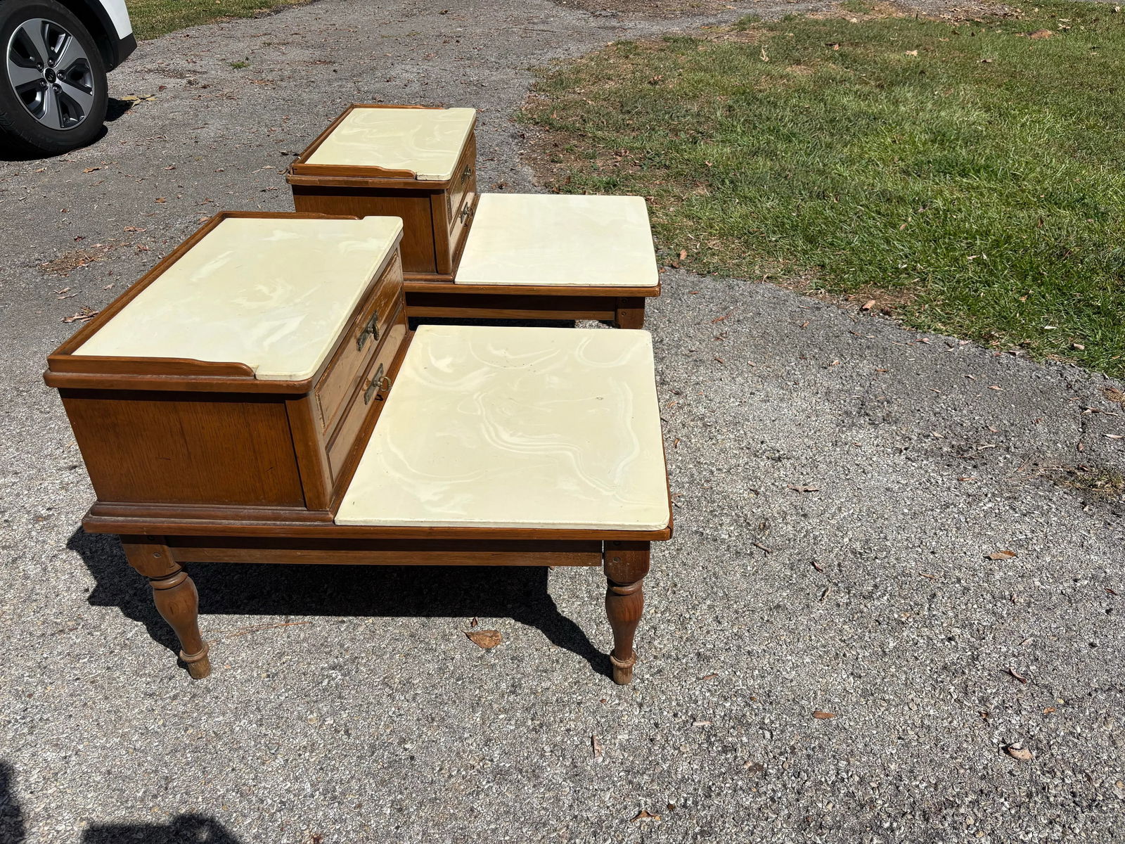 Midcentury Marble Top Step-Back End Tables, Set of Two - 5