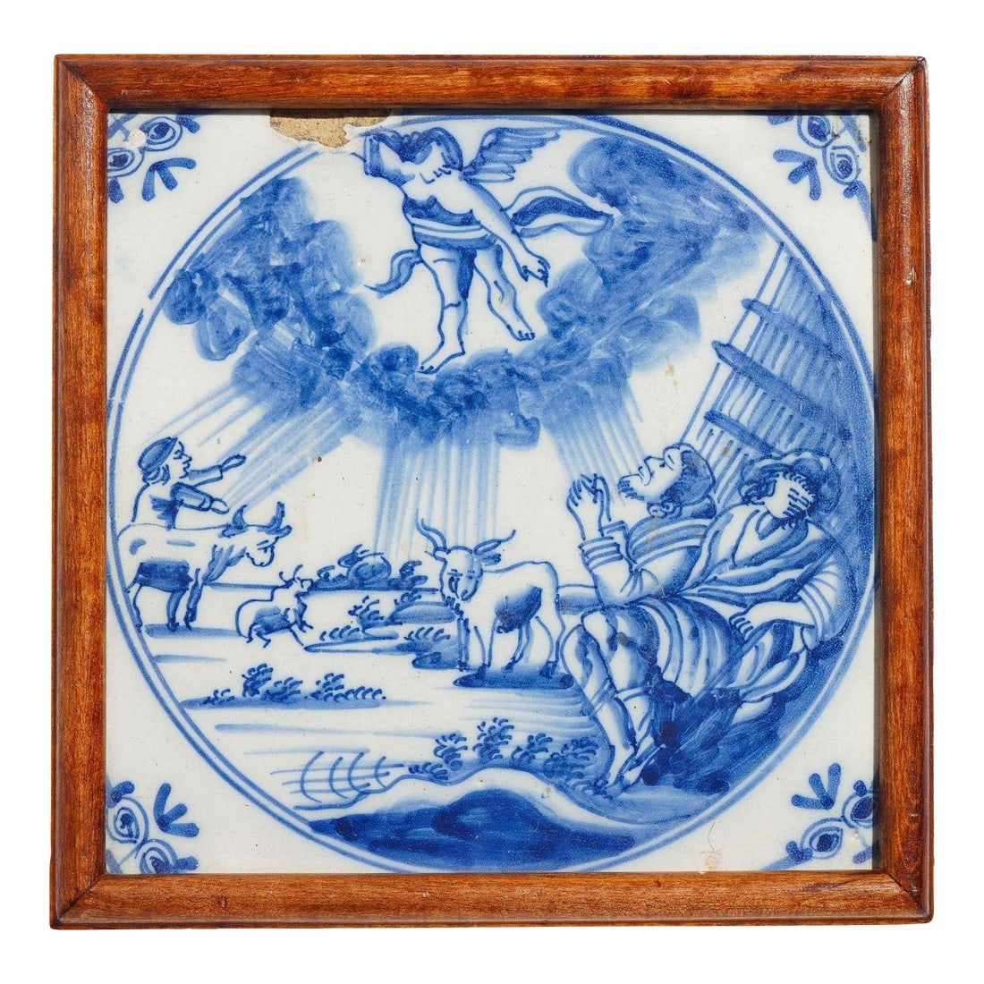 Framed Delft Tile of the Annunciation, C. 1600's: Delft tile depicting of the Annunciation, mounted in a hard wood bead molding. Fitted with a leather backing. Netherlands, 17th century. Dimensions: 5-1/4" W x 5-1/4" L x 3/4" D Condition: Alterations
