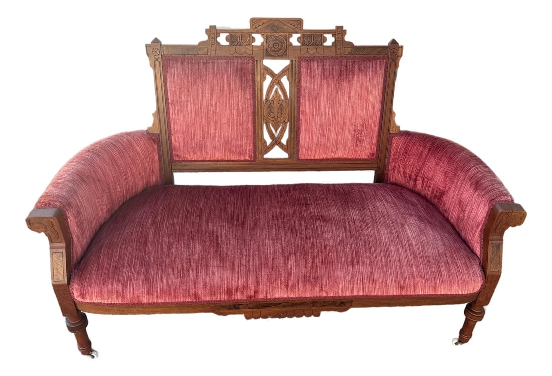 Victorian Eastlake Pink, Red Velvet and Carved Walnut Settee