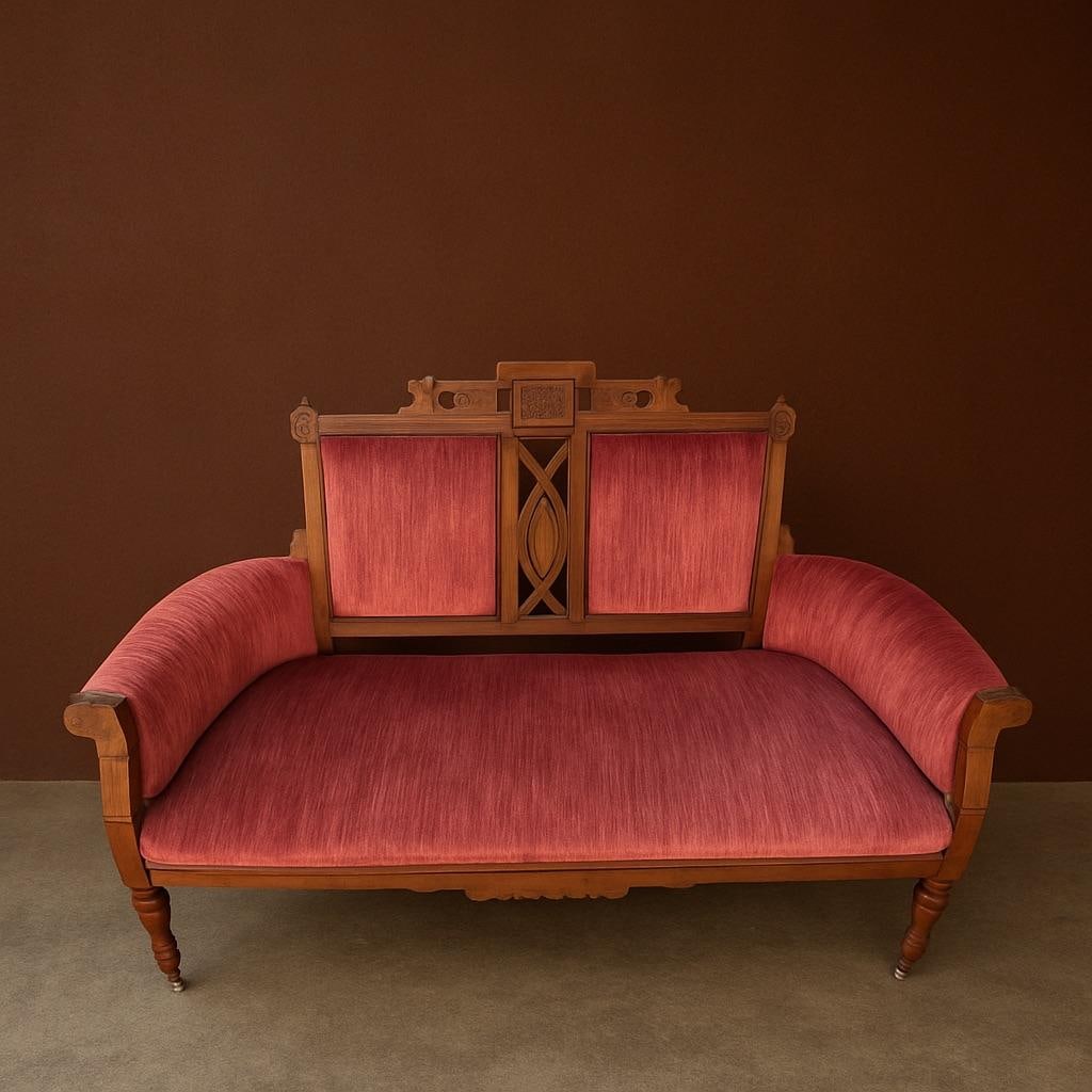 Victorian Eastlake Pink, Red Velvet and Carved Walnut Settee - 2