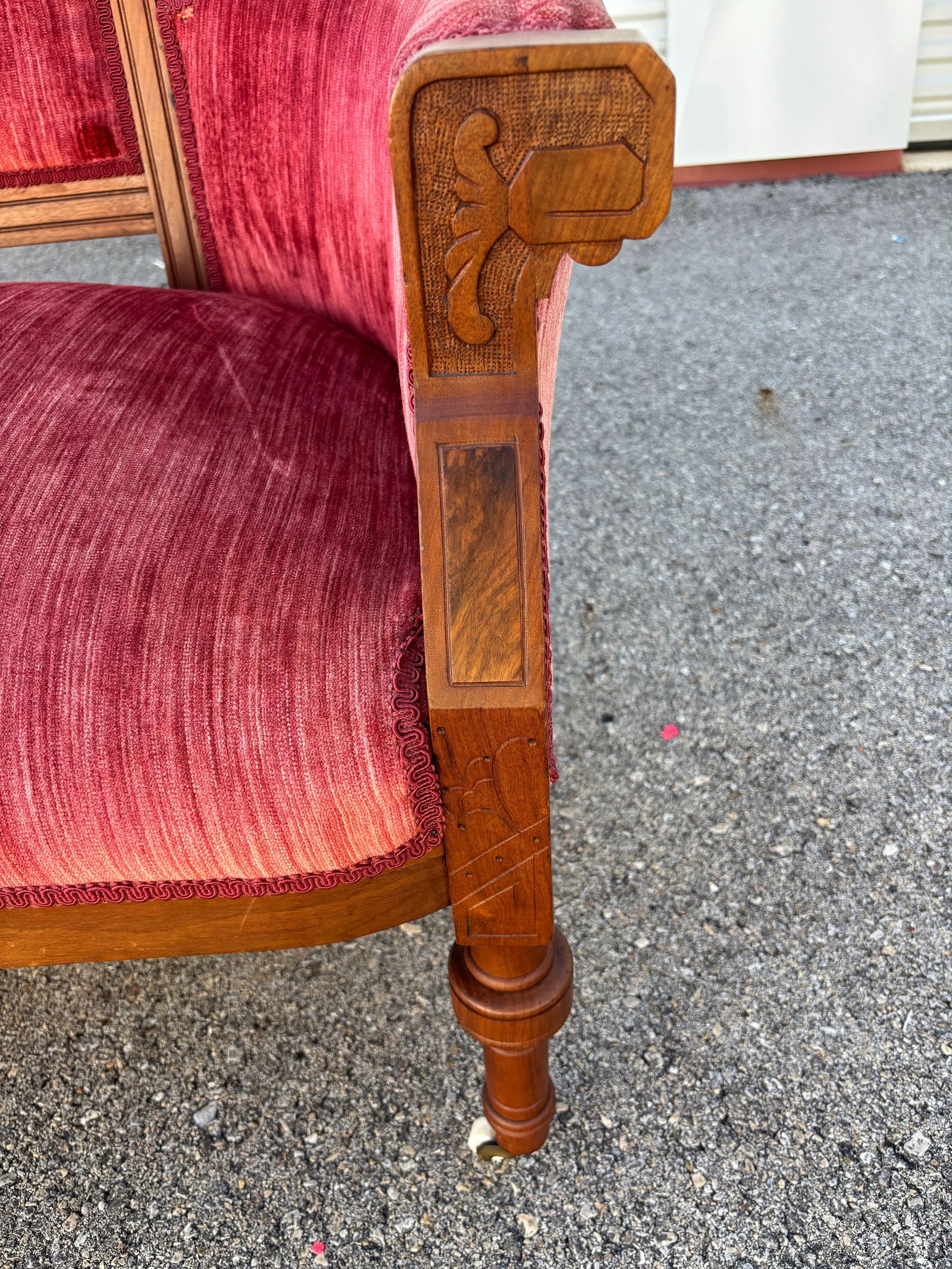 Victorian Eastlake Pink, Red Velvet and Carved Walnut Settee - 4