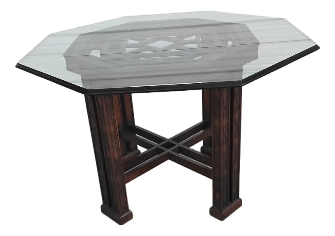Drexel Heritage Chinoiserie Octagon Dining Table: This stunning dining table or used as a foyer table will make you smile! The chinoiserie fretwork is outstanding, with slightly different shades of wood stain throughout the legs and apron. The glass