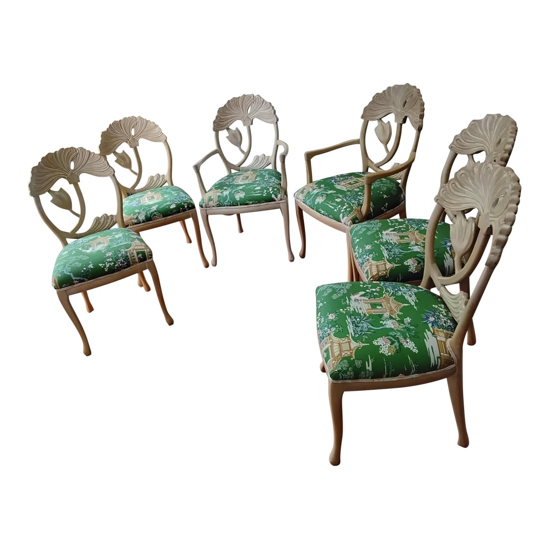 Mid 20th Century Palm Beach Lotus Dining Chairs: Perfect for your dinette, sunroom or diningroom. These "Ole Florida" feel will add charm in any room. The lotus flower gives a nod to chinoiserie, hence the adorable pagoda fabric. The comfortable sea