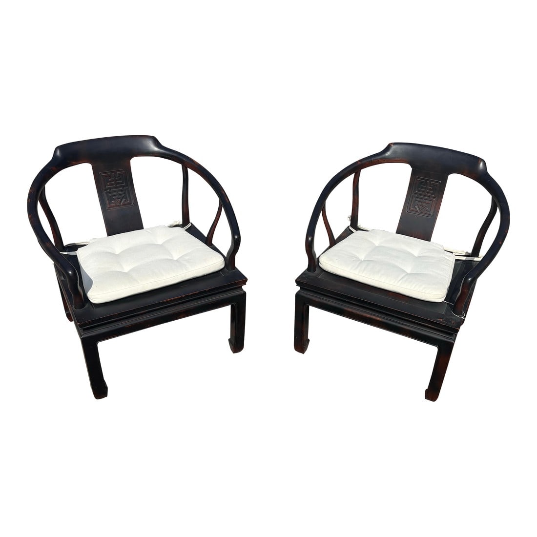 Late 20th Century Ming Imperial Palace Horseshoe Arm Chairs, Set of Two Attributed to Century Furnit: Add a touch of regal sophistication to your home with this exquisite pair of Century Furniture Ming Imperial Palace horseshoe armchairs. Their graceful curved backs"”an iconic hallmark of tradit