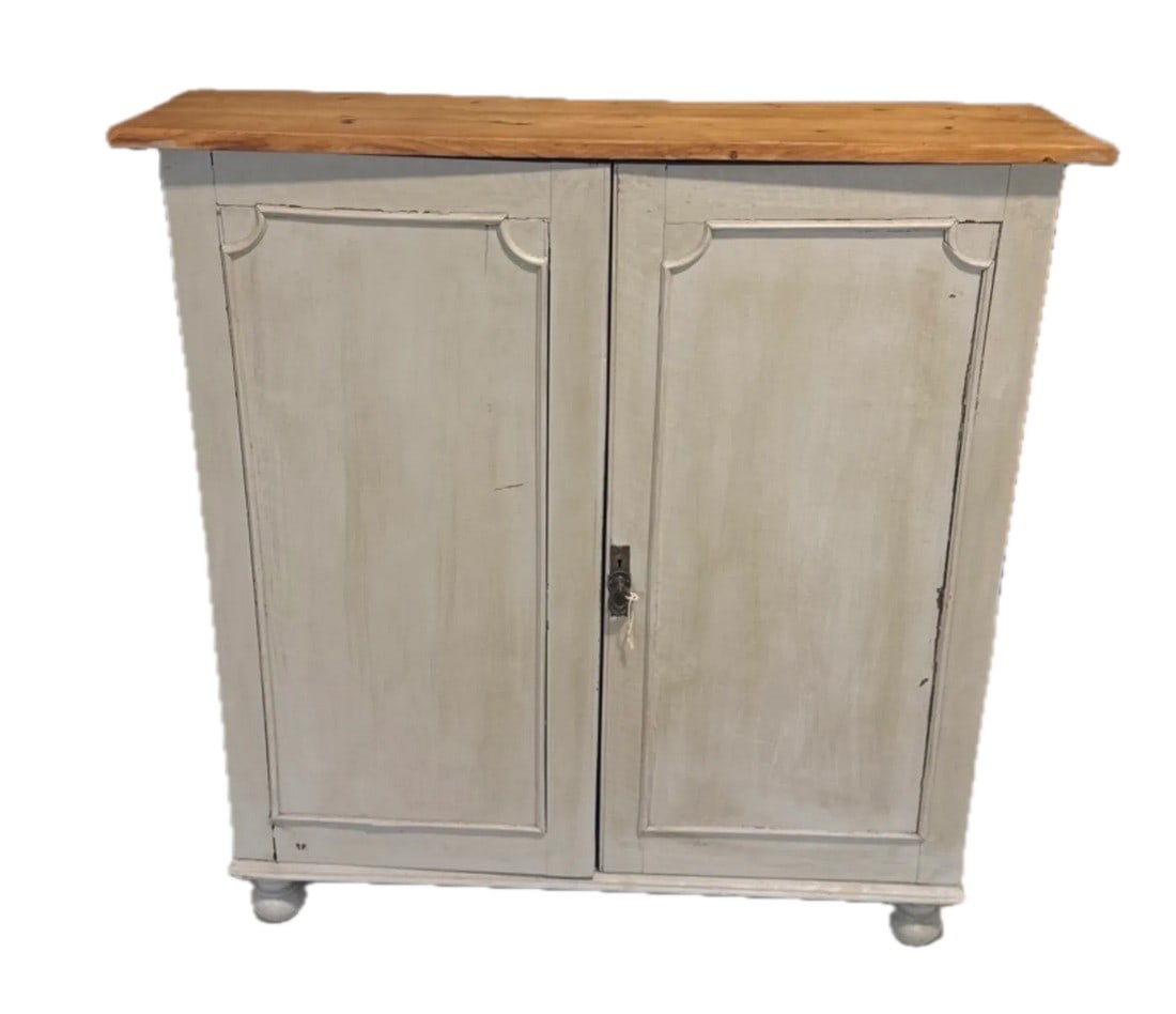 Antique Painted 2 Door Cupboard With Natural Pine Top and Original Key From England - Circa 1890: Antique Painted 2 Door Cupboard With Natural Pine Top and Original Key From England - Circa 1890. This cupboard is from northeastern England. We like that it is white but can be painted another
