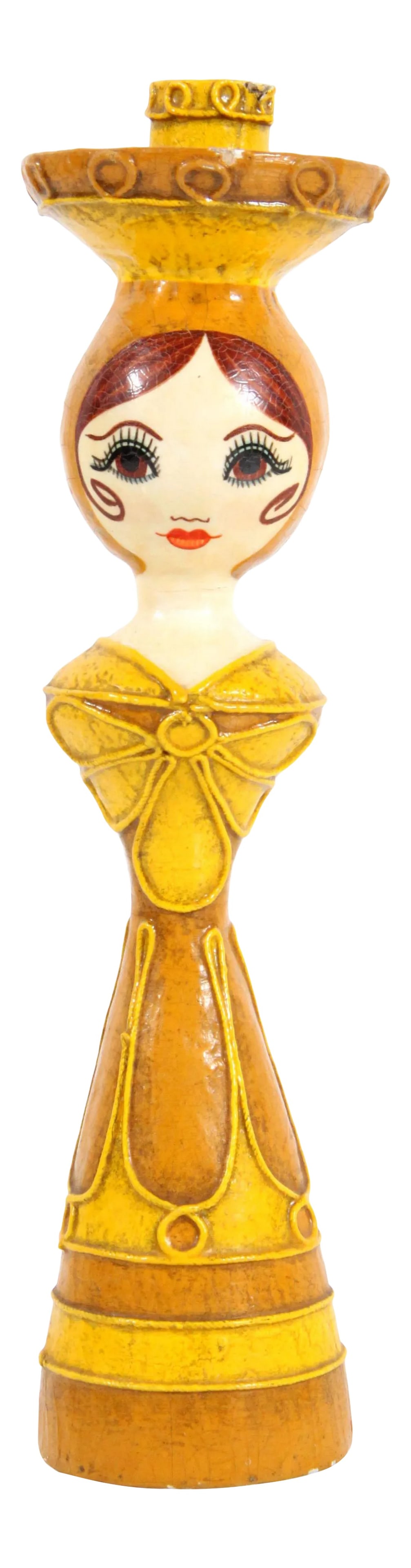 Vintage 1960's Gemma Taccogna Mexican Paper Mache Candle Stick Holder: Beautiful vintage c.1960's mid century Mexican paper mache candlestick in the form of a beautiful yellow dress wearing woman! Most likely done by the famous Mexican artist Gemma Taccogna, simply