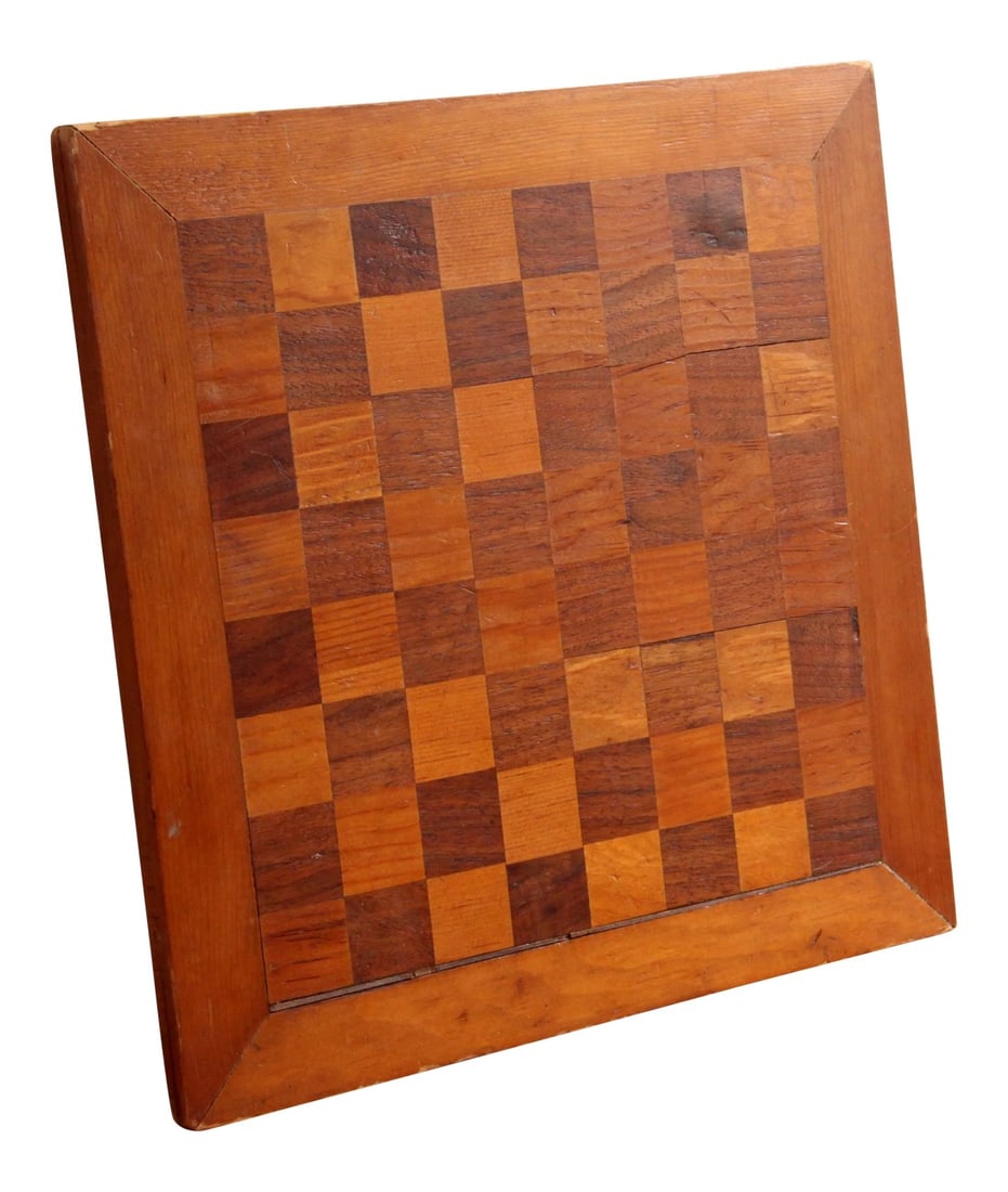 Vintage Americana Homemade Chess or Checkers Game Board: Super wonderful vintage c.1930's/40's hand made chess or checkers game board! It has a great feel to it, very well worn. Signed "Jere Packard" along one edge as shown. It has it's share of wear