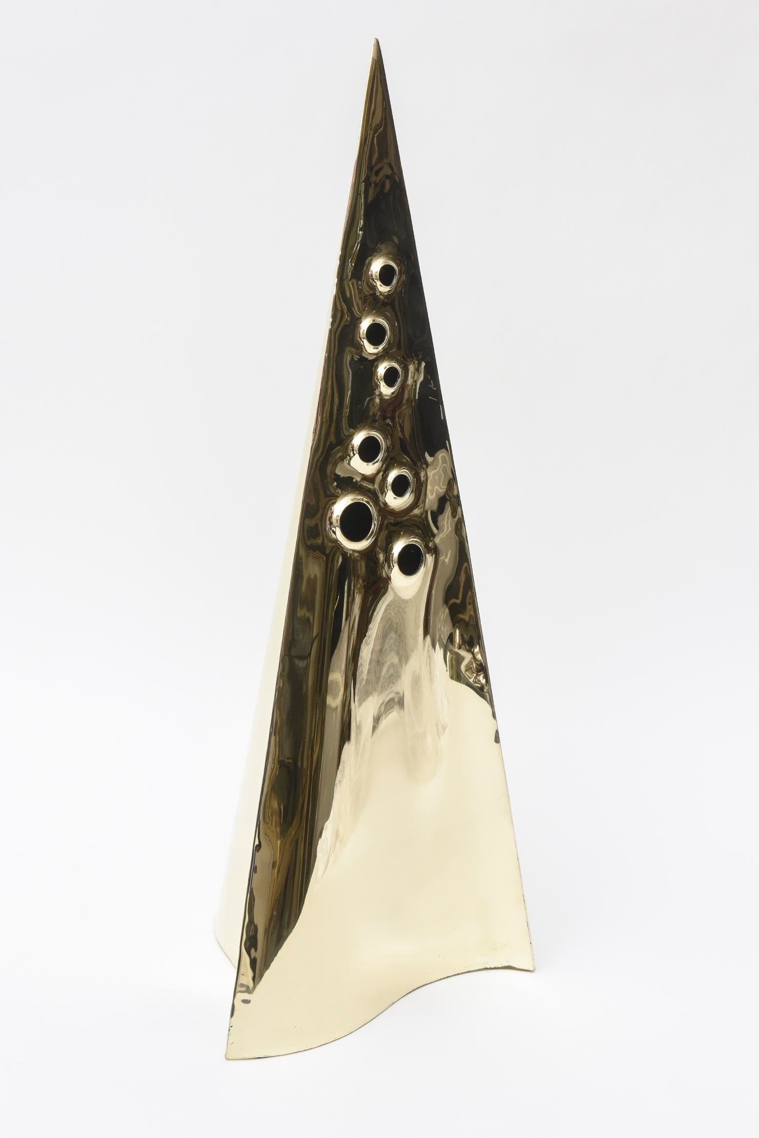 Vintage Pyramid Brass Triangle Sculpture With Random Holes - 11