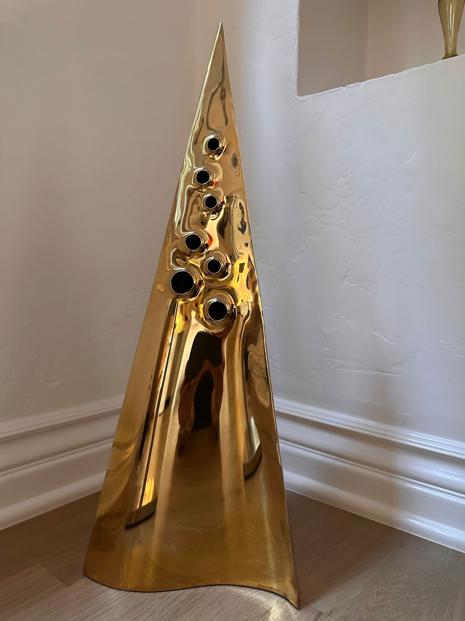 Vintage Pyramid Brass Triangle Sculpture With Random Holes - 2