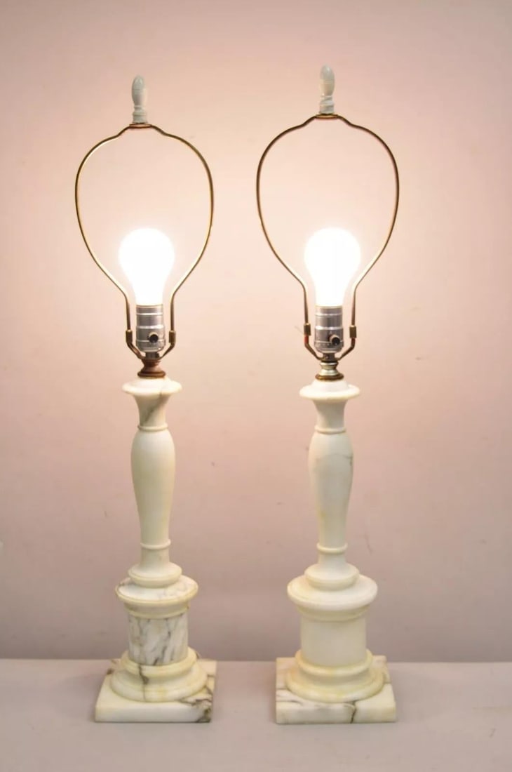 Vintage Italian Classical Carved White Marble Column Table Lamps - A Pair - 2