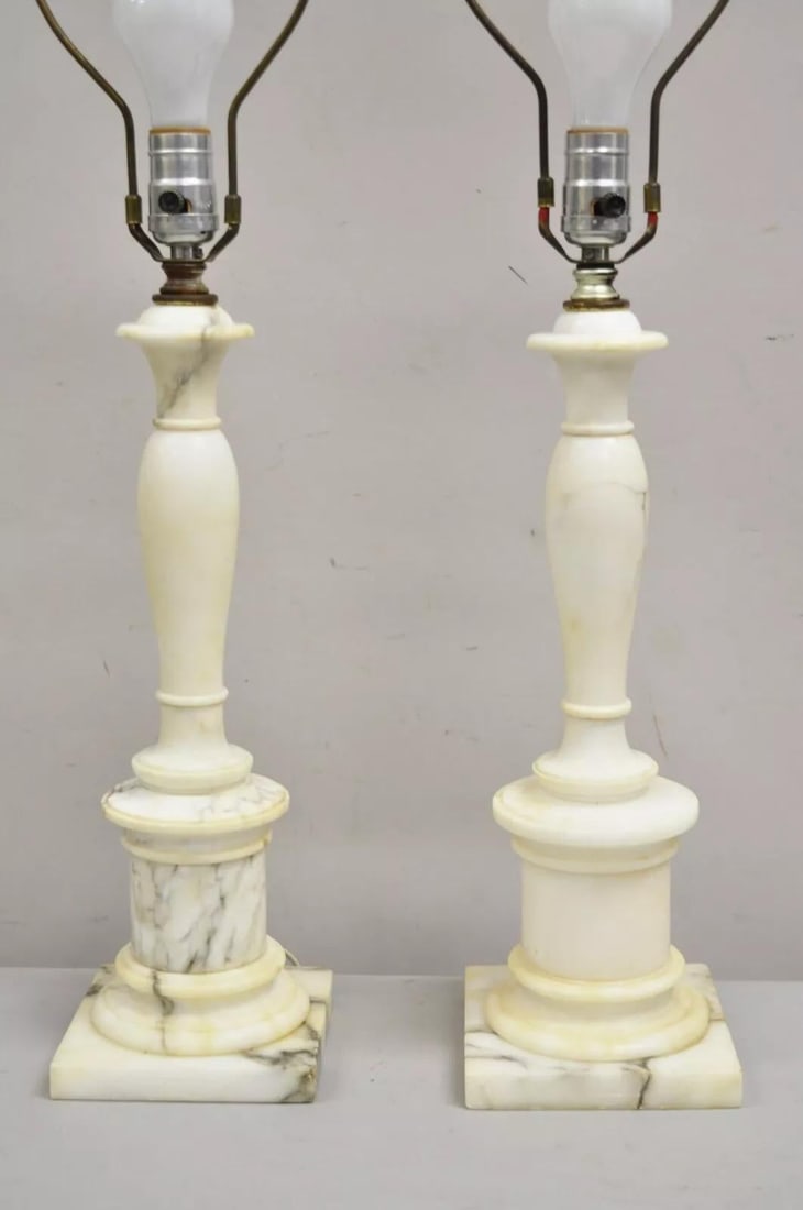 Vintage Italian Classical Carved White Marble Column Table Lamps - A Pair - 3