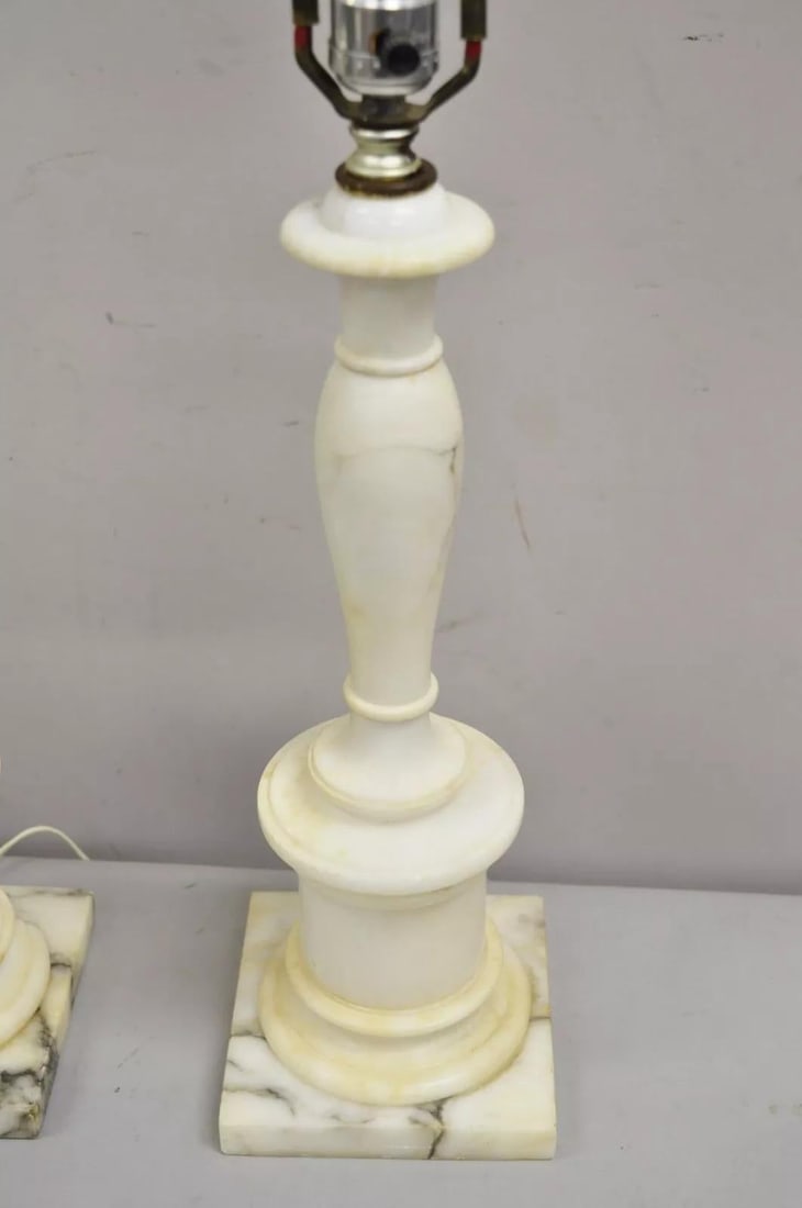 Vintage Italian Classical Carved White Marble Column Table Lamps - A Pair - 4