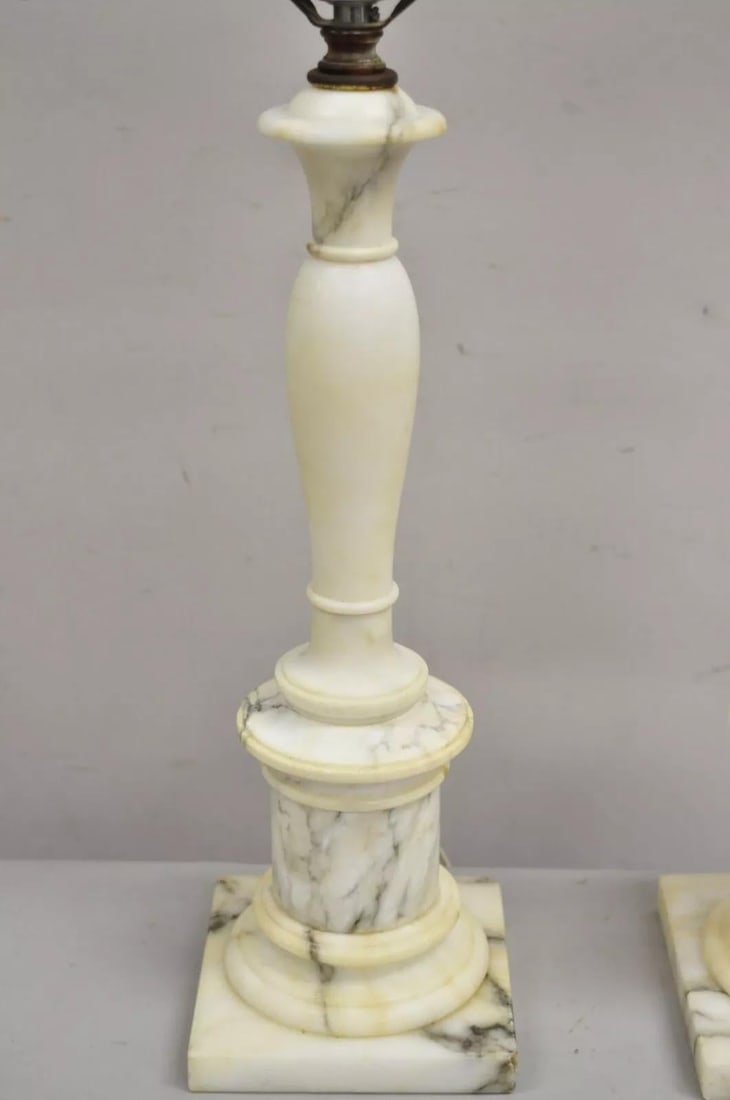 Vintage Italian Classical Carved White Marble Column Table Lamps - A Pair - 5