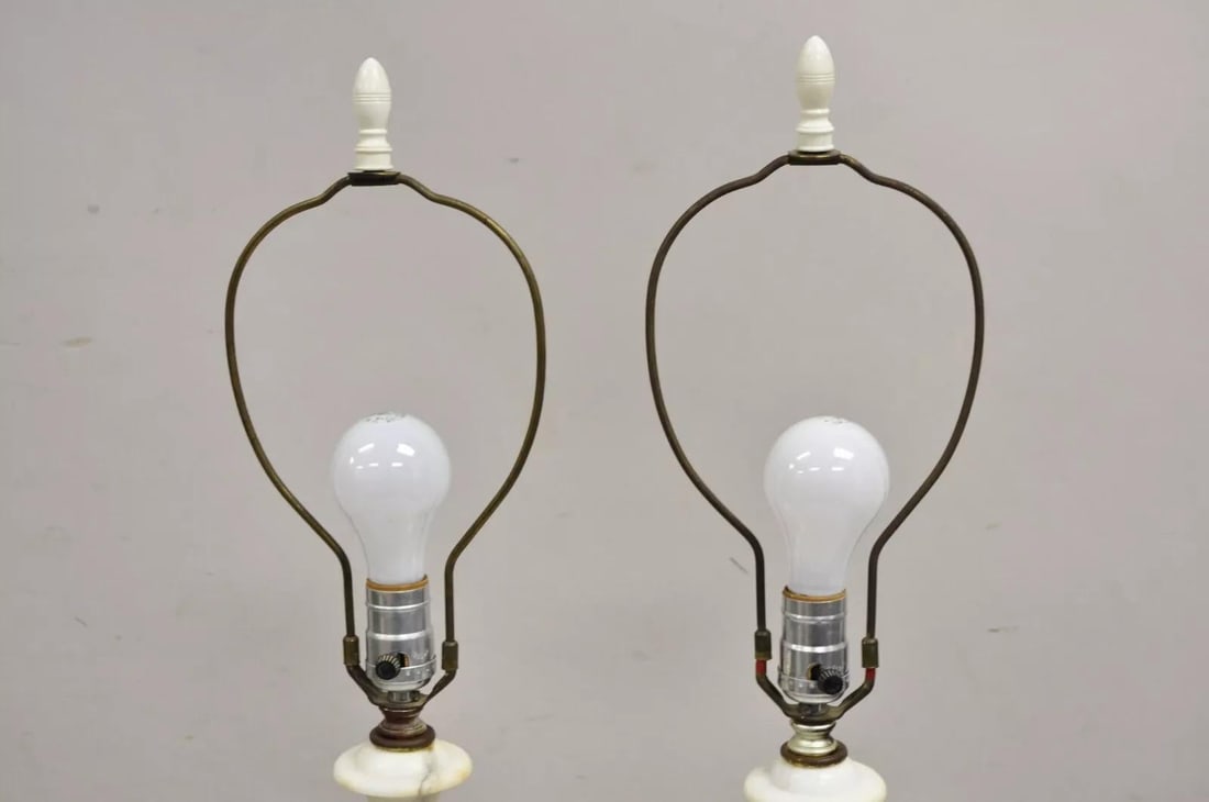 Vintage Italian Classical Carved White Marble Column Table Lamps - A Pair - 6
