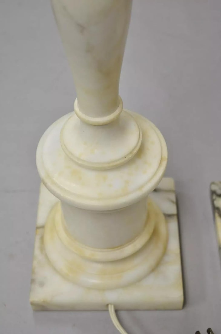 Vintage Italian Classical Carved White Marble Column Table Lamps - A Pair - 7