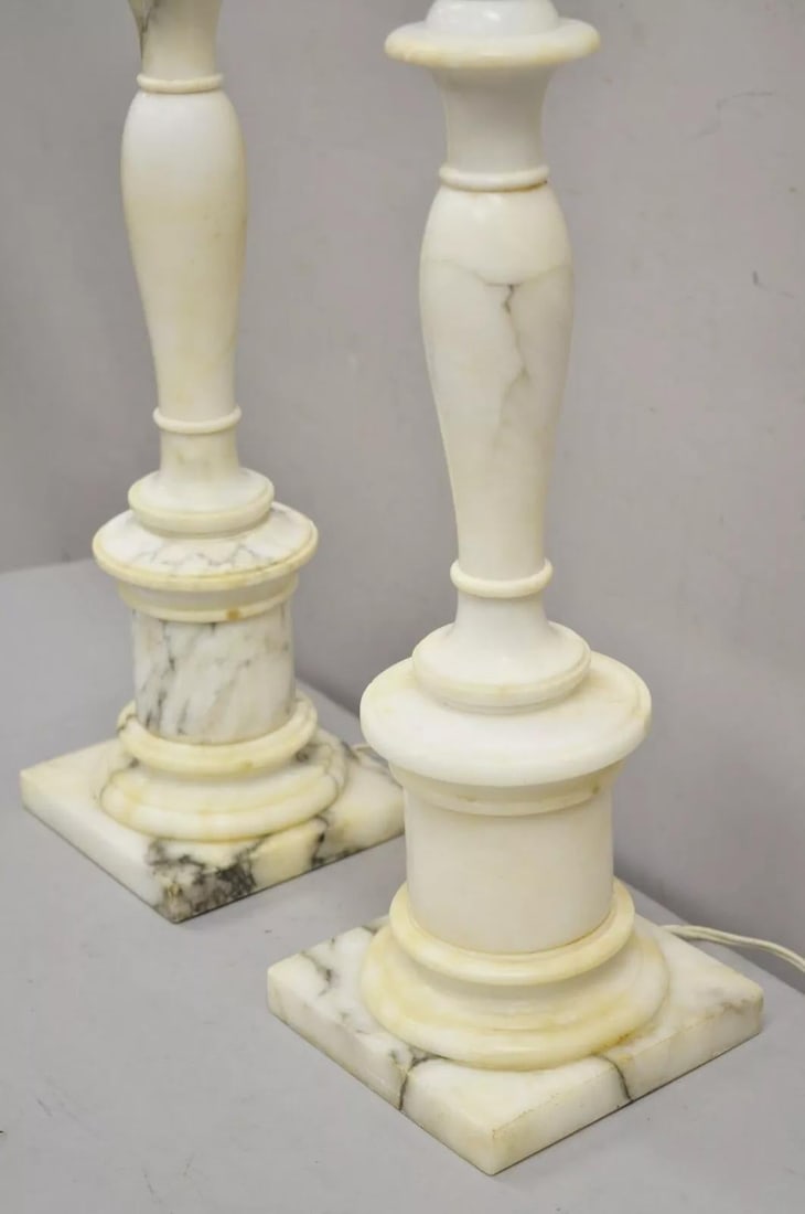 Vintage Italian Classical Carved White Marble Column Table Lamps - A Pair - 9