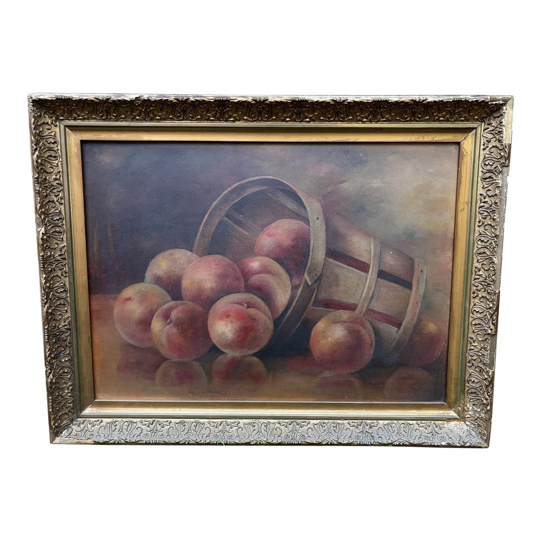 Vintage Barrel of Peaches Still Life Oil Painting, Framed: This piece presents the lush hue of perfectly ripe fruit, and the warm glow of a mid-century palette throughout. Artist Unknown. Condition: Alterations: Original Condition Unaltered Imperfections: Som